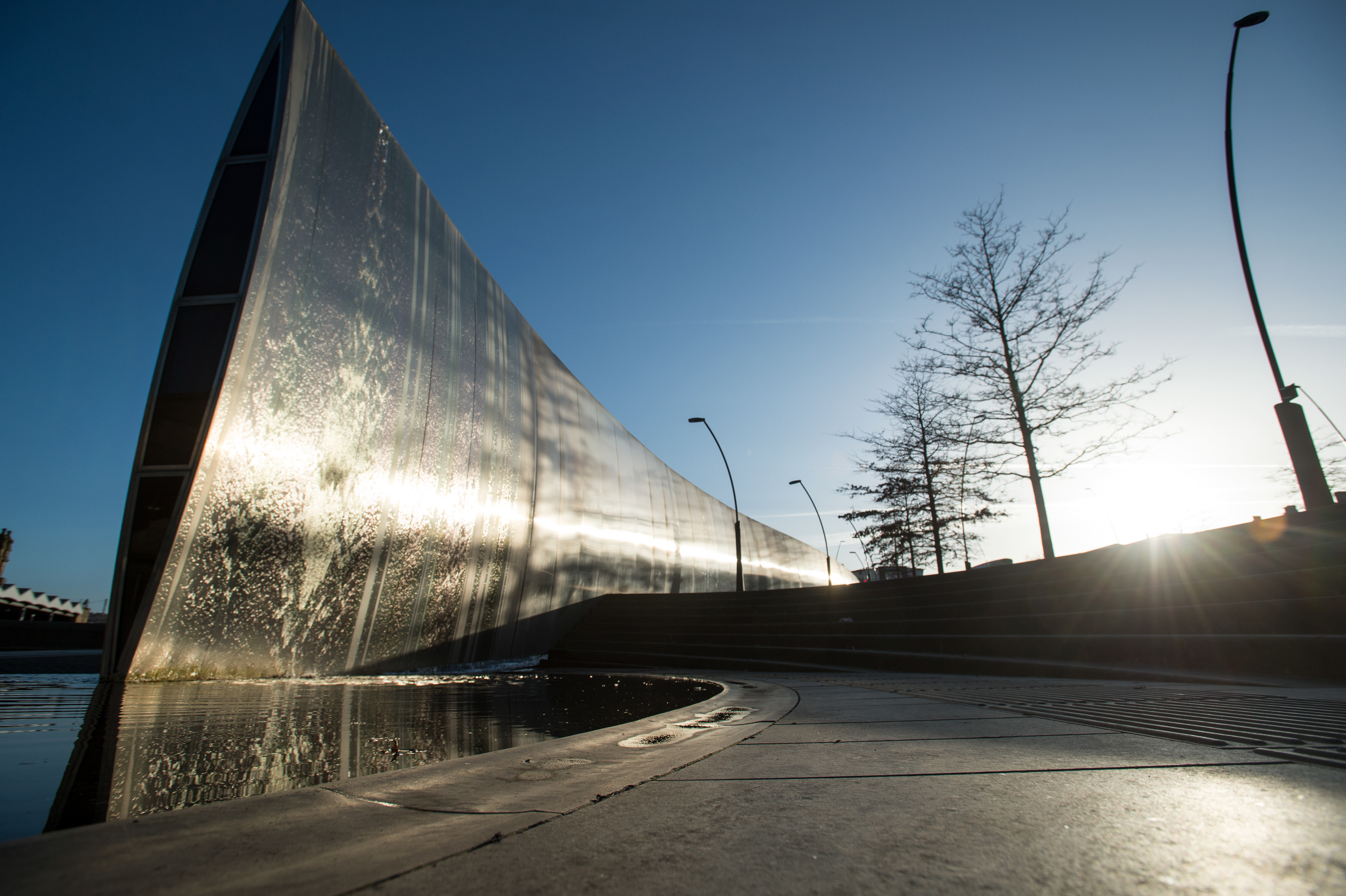 Cutting Edge, a stainless steel sculpture and waterfall outside Sheffield Railway Station