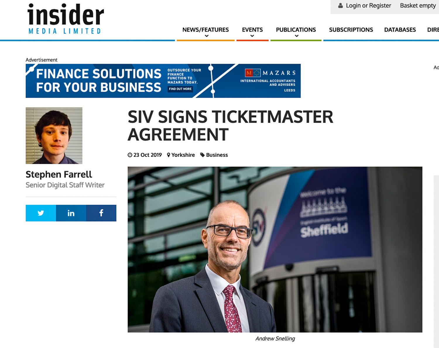 Insider Media Ltd, Andrew Snelling, CEO Sheffield International Venues