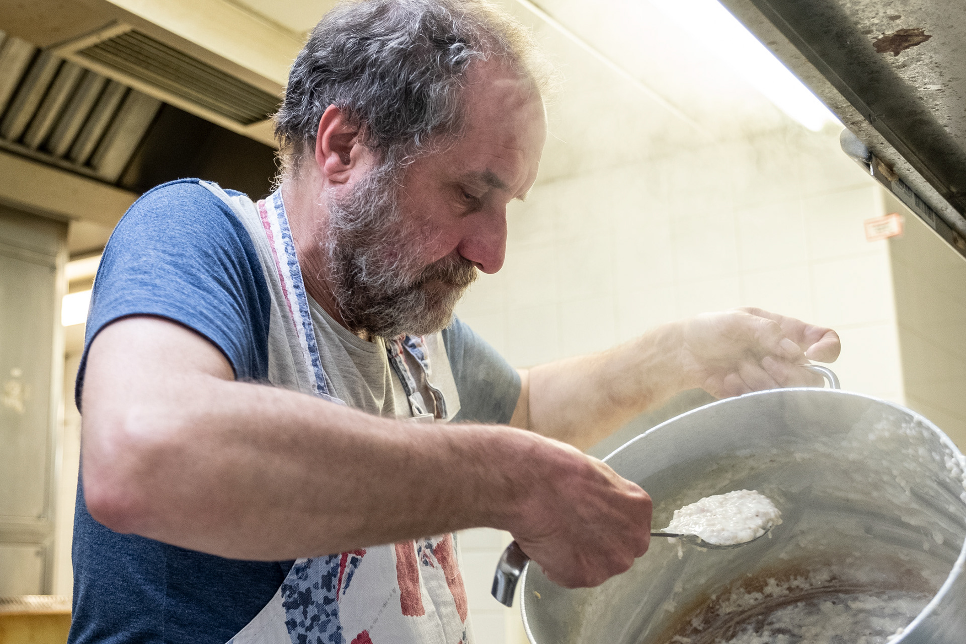 Day 7 of Lockdowm- Nick, volunteer chef prepares porridge for breakfast at the Archer Project, Sheffield