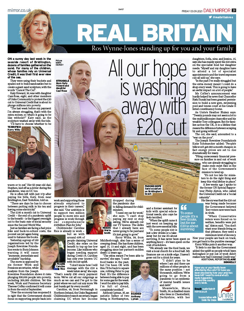 £20 benefit cut to Universal Credit- Daily Mirror 03/09/2021