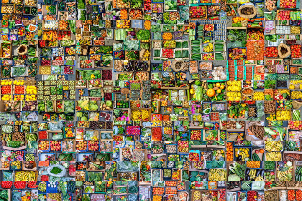 A collage of 216 images, each picture is the contribution from Beanies Wholefood shop in Sheffield of produce donated since March 2020 to charity