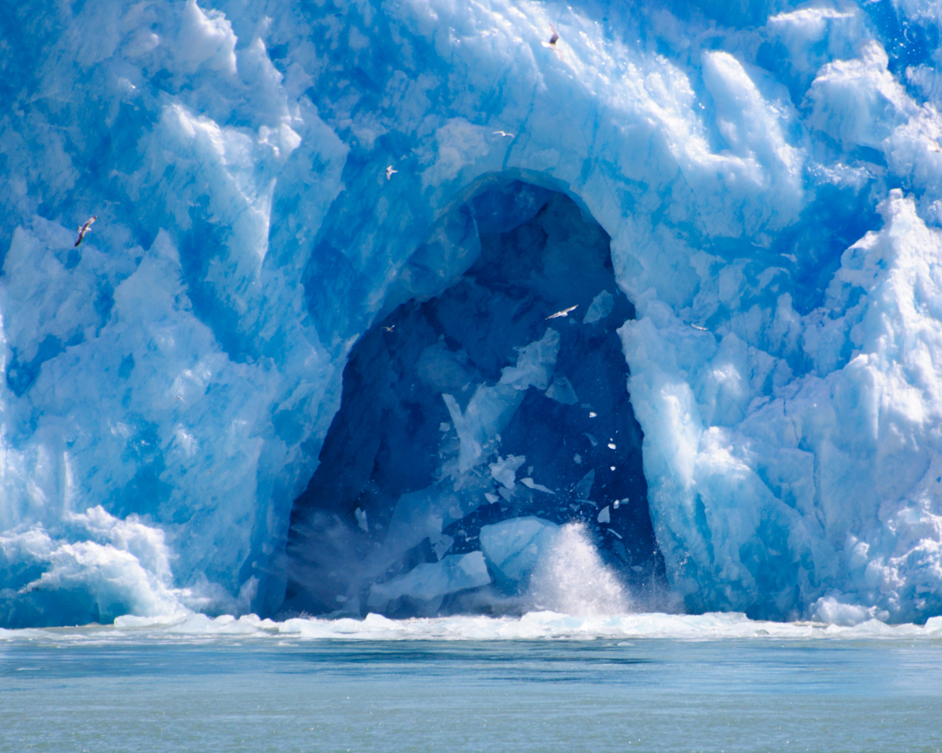 Glacial cave collapse, with seaguls flying about, Alaska