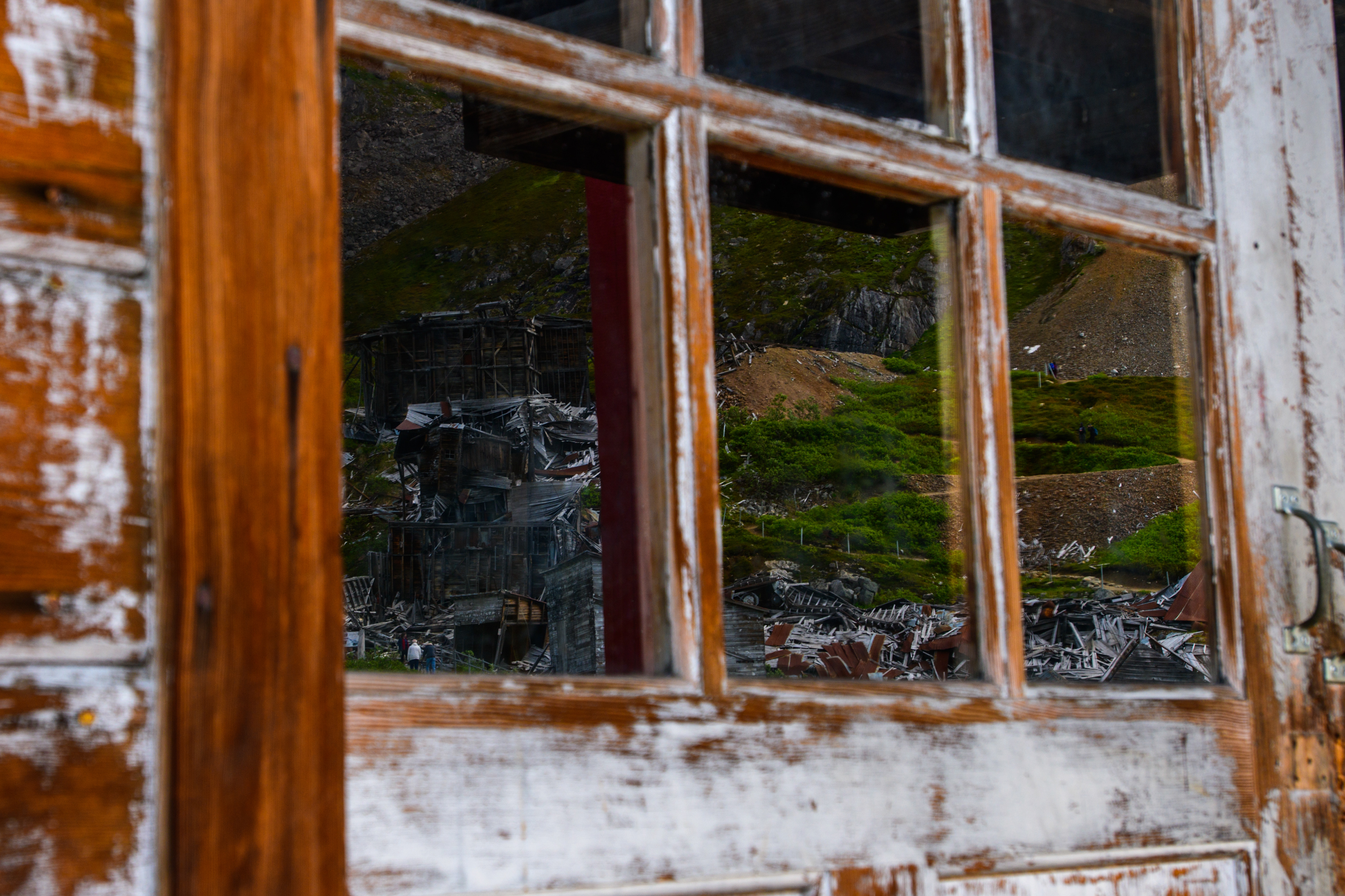 Reflections in a  historic doorway Hatcher Pass. Alaska