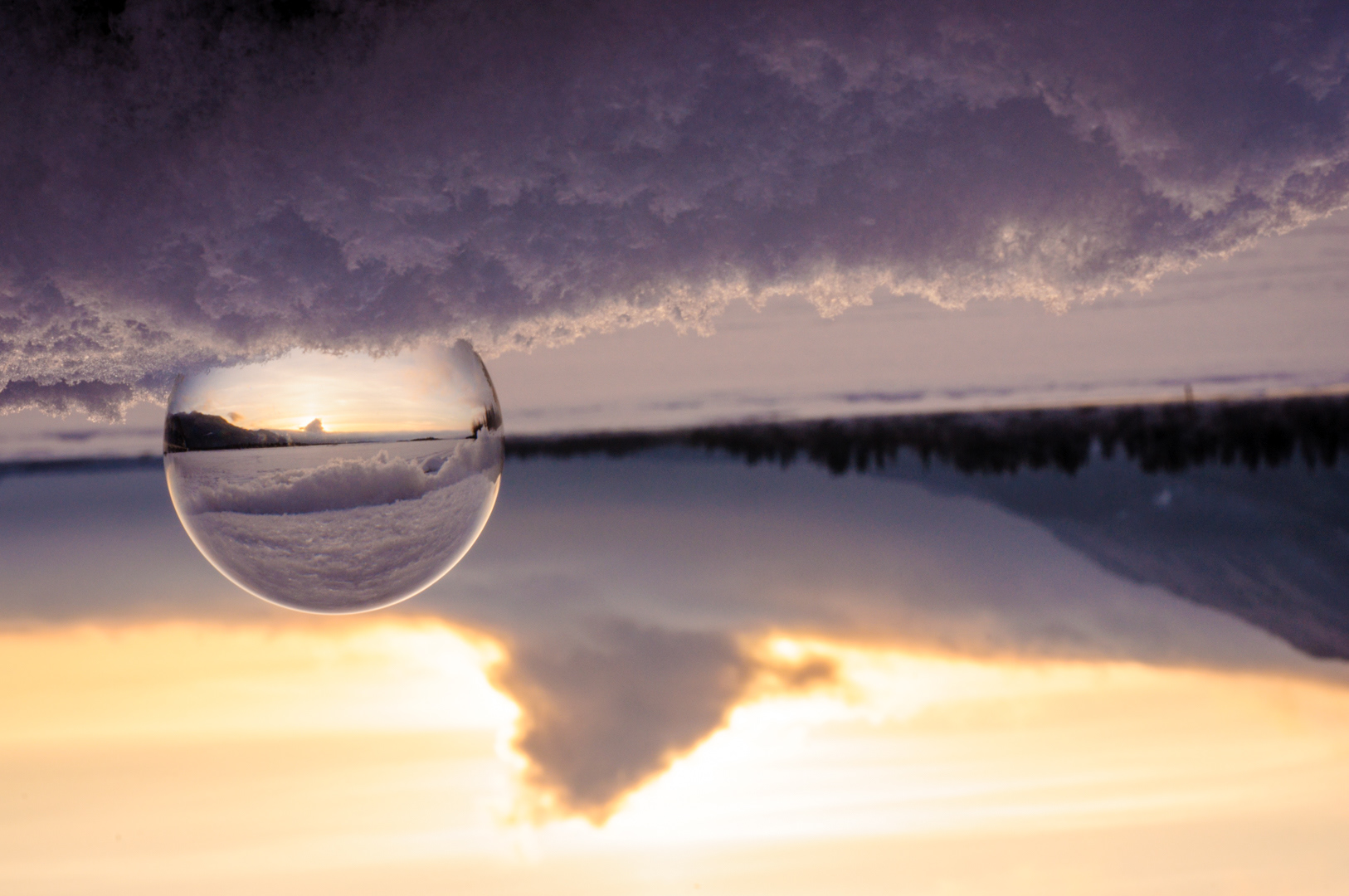 Sunset in glass ball, Reflections Lake, Mat-su Valley, Alaska