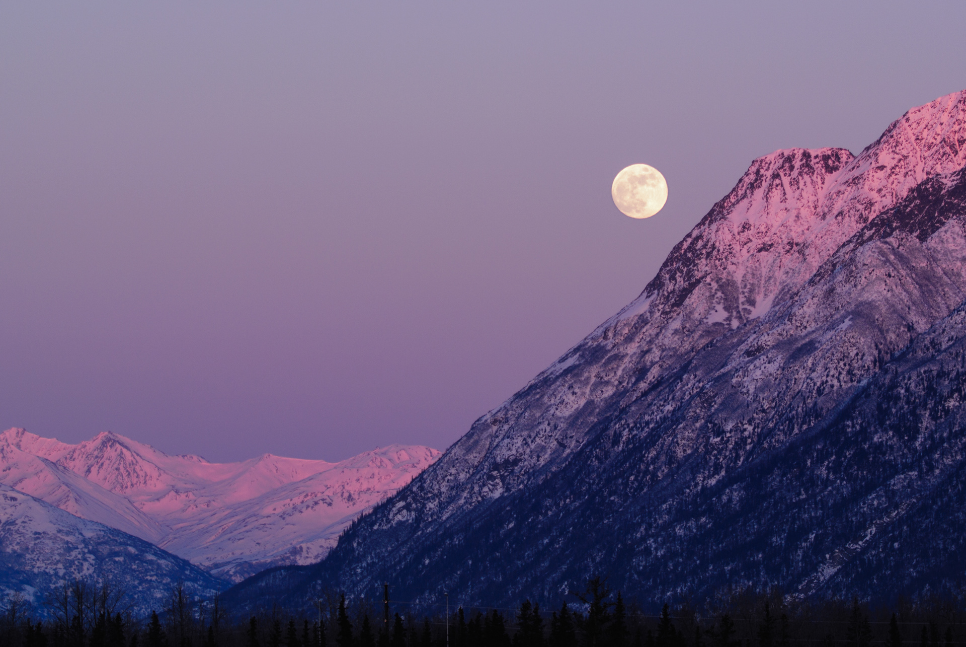 Moon over mountains with pink alpenglow at sunset, Mat-su Valley, Alaska
