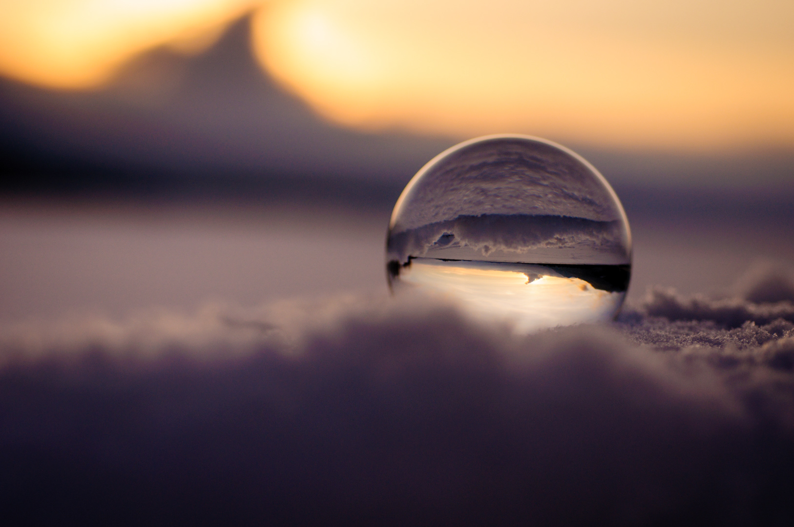 Sunset in glass ball, Reflections Lake, Mat-su Valley, Alaska