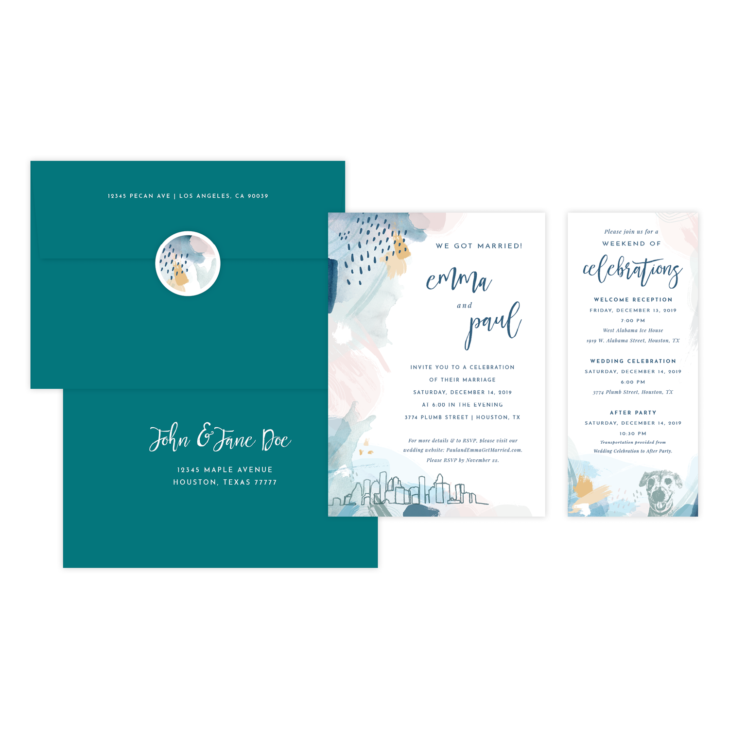 Custom wedding invitations, detail cards, stickers and envelope design