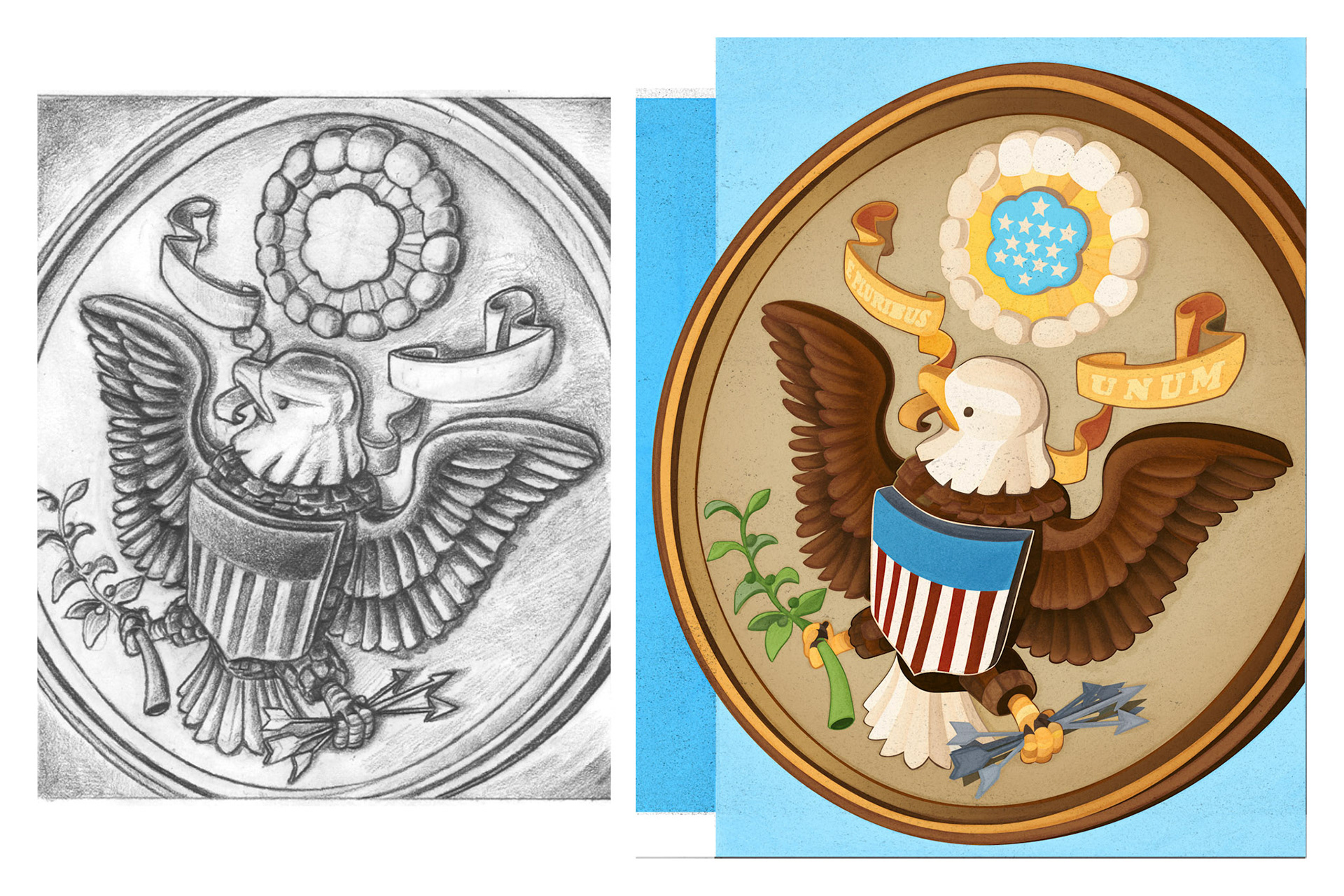 The Great Seal. Graphite drawing and colorization. 'American Symbols' series.