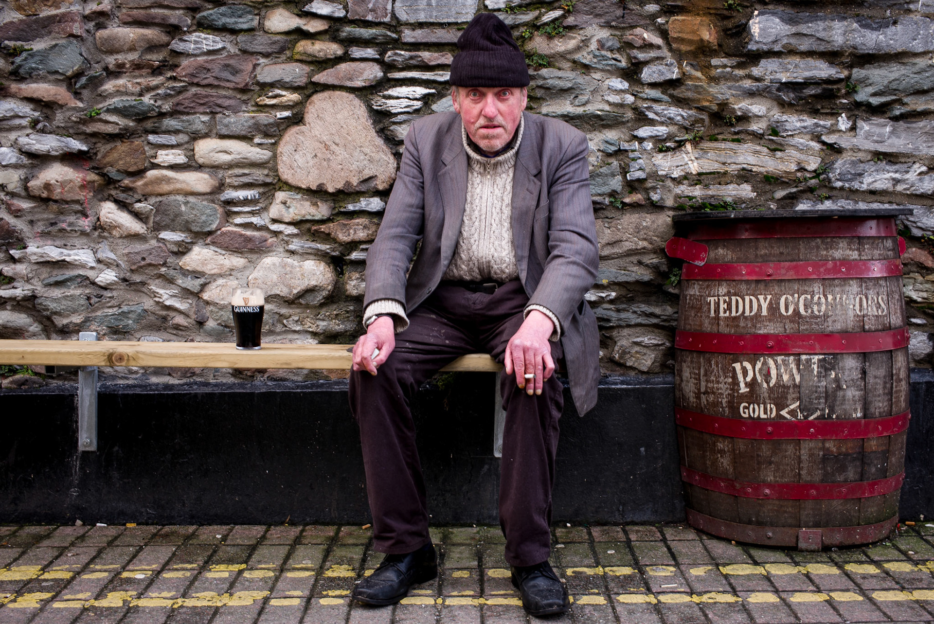 One of my favorite street portraits. Dec 2015 in Dungarvan, Ireland. This was not his first Guinness of the day.
