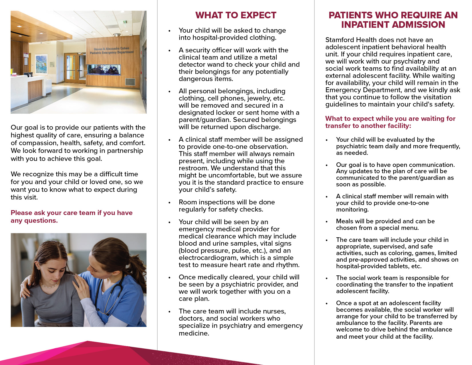 11x8.5" trifold brochure for the Emergency Department regarding pediatric behavioral health (back)