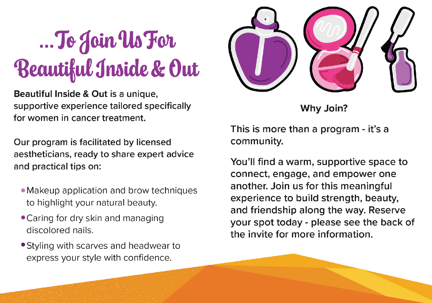7x5" mailed invite for the Bennett Cancer Center's Beautiful Inside & Out event (inside)