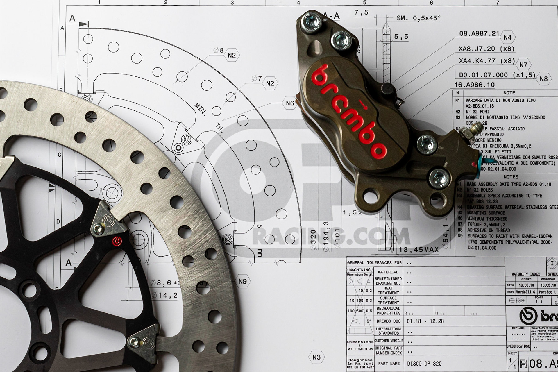January 27th 2020, Okotoks, Alberta, Canada. Brembo brake disc and caliper on a technical drawing. From a racing motorcycle.