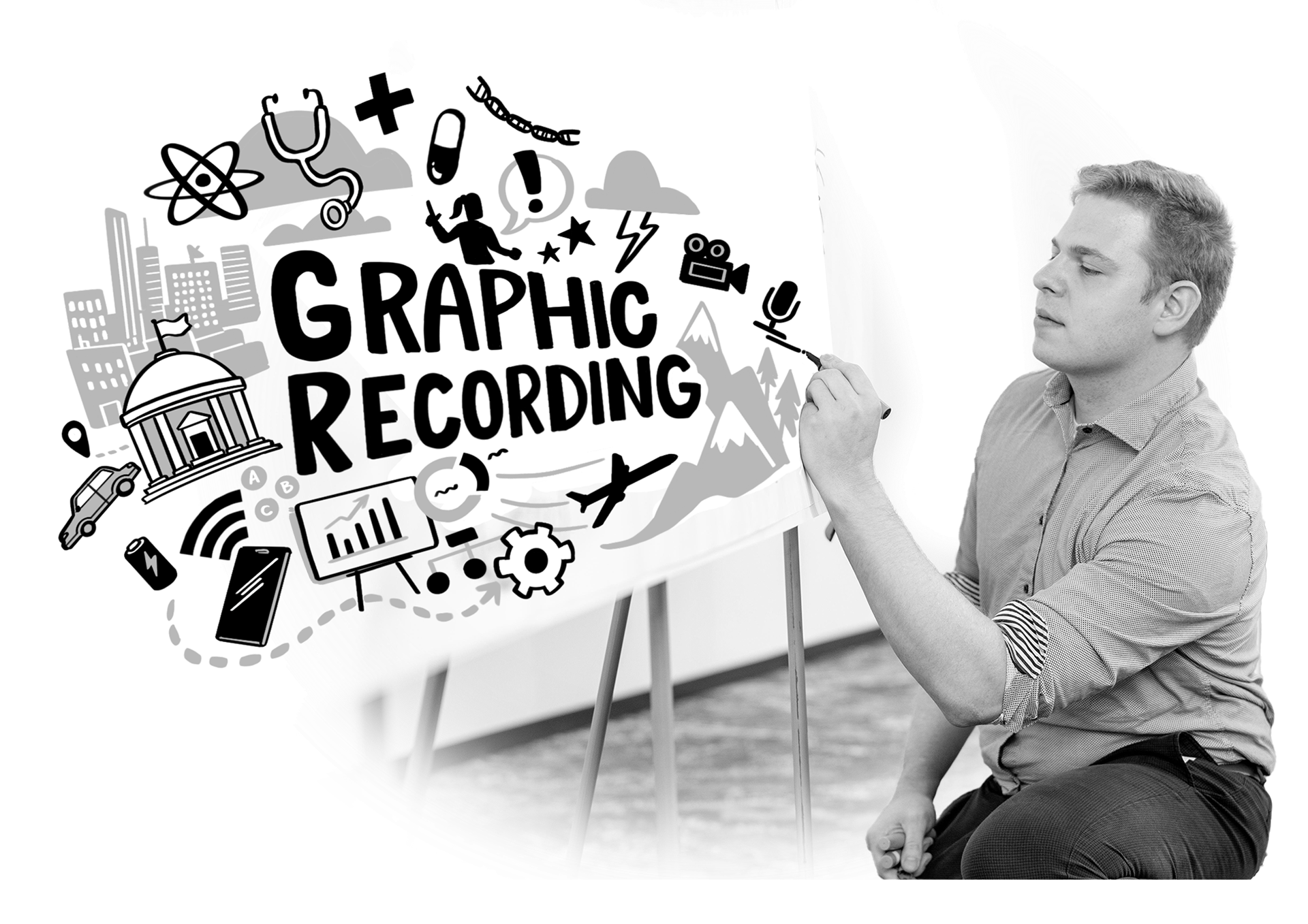 Photo of Paul Mackender drawing on a whiteboard, transitioning to digital signage reading "Graphic Recording" surrounded by illustrative icons and visual summaries.