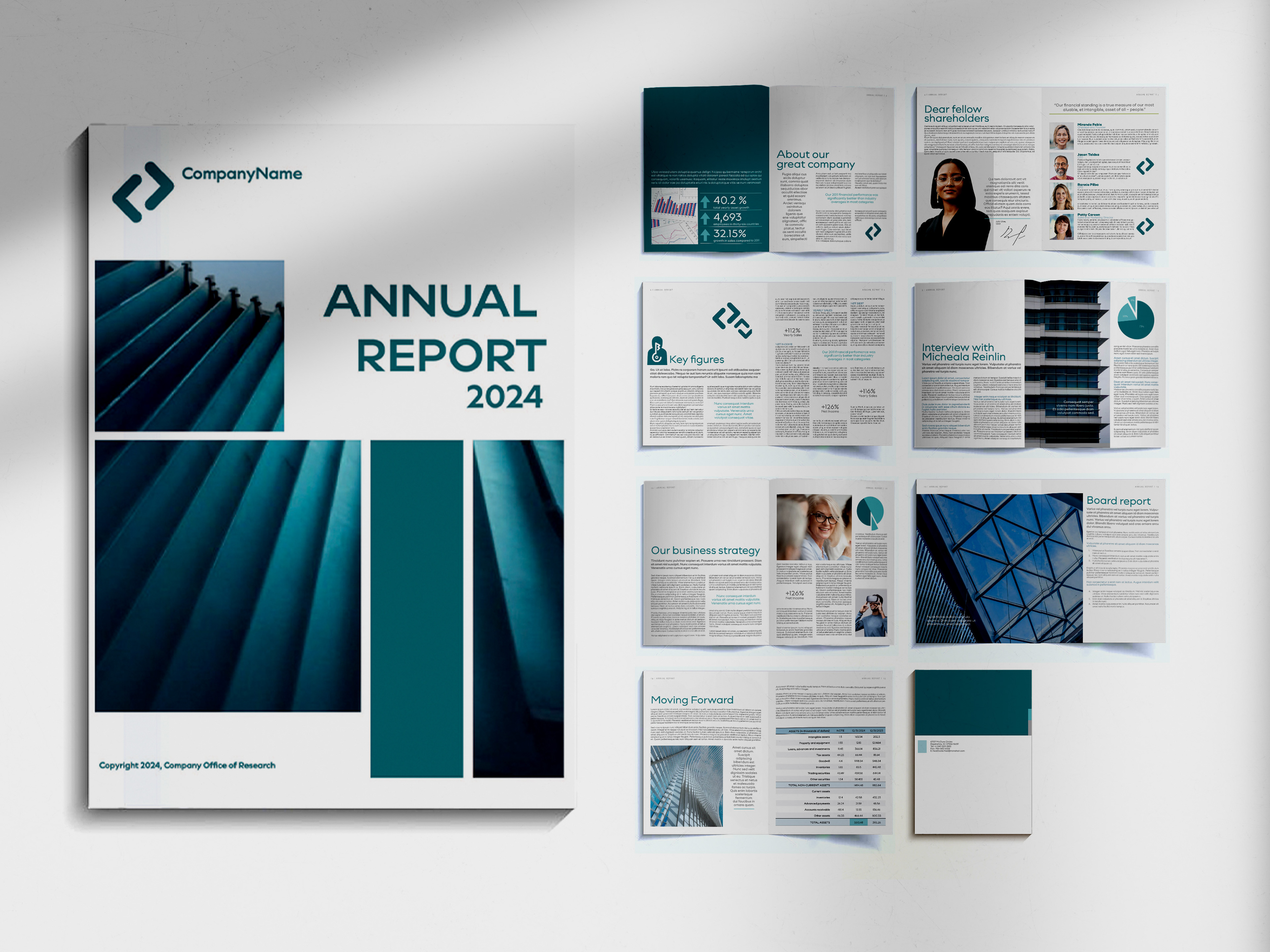 Mock annual report layout showing cover page and interior spread designs
