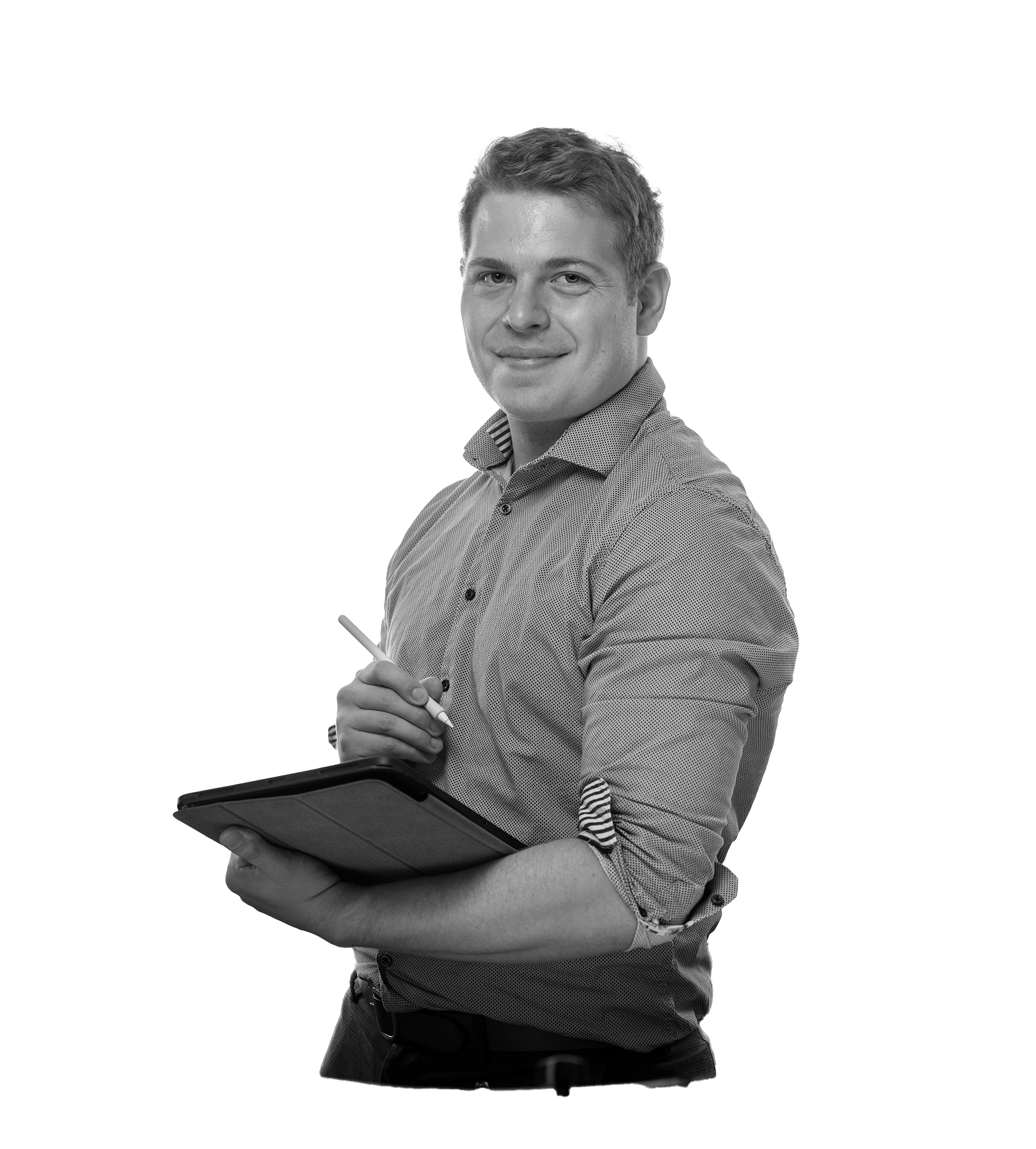 Paul Mackender holding an iPad and stylus, looking toward the viewer, showcasing his graphic recording and digital illustration expertise.