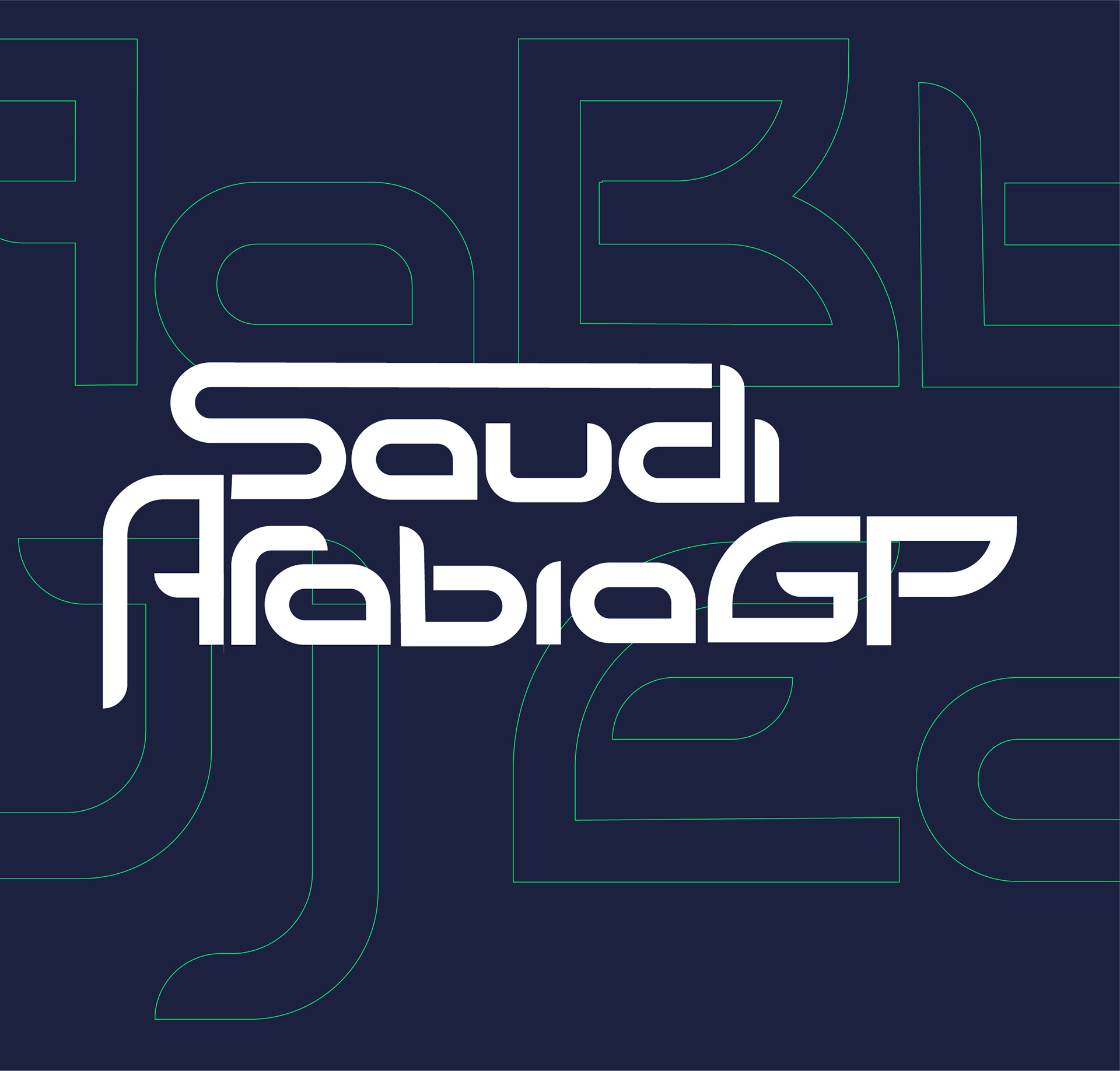 Futuristic typography and icon inspired by motorsport tracks and Arabic calligraphy for Saudi Arabia F1 GP proposal.
