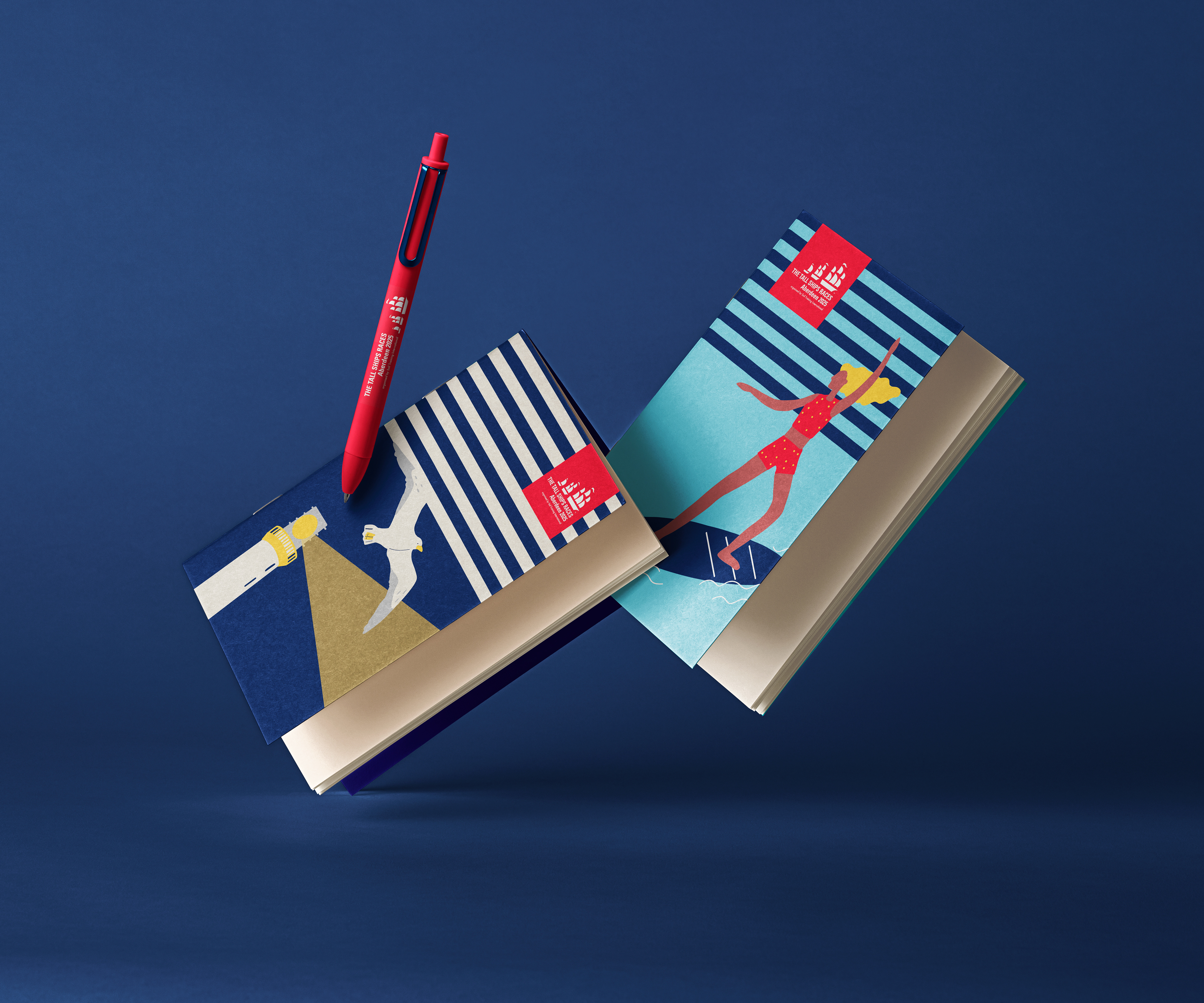 “Design concepts for the Tall Ships Aberdeen 2025 kit of parts, with hanging banners, pull-up displays, and branded merchandise mockups