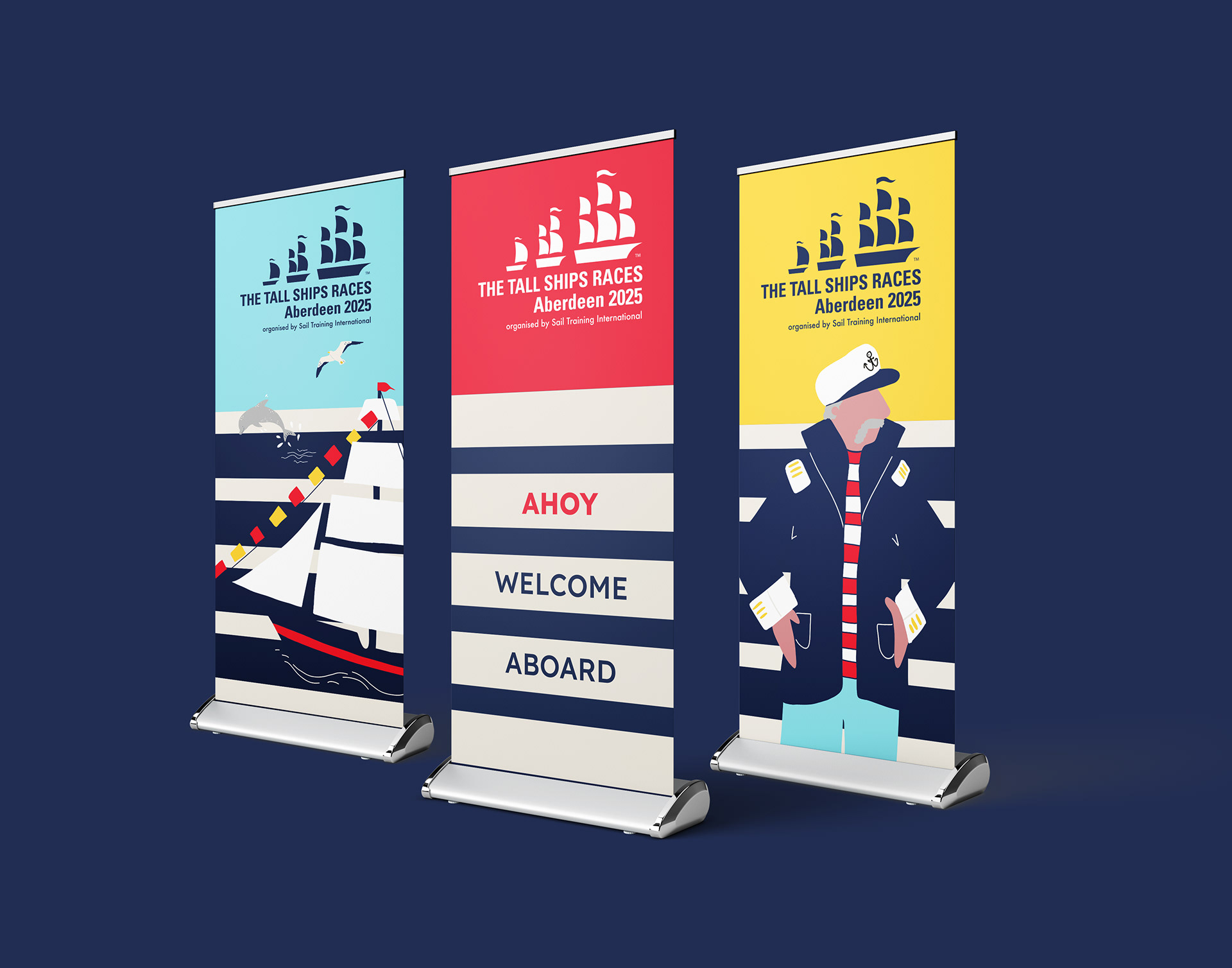 “Design concepts for the Tall Ships Aberdeen 2025 kit of parts, with hanging banners, pull-up displays, and branded merchandise mockups