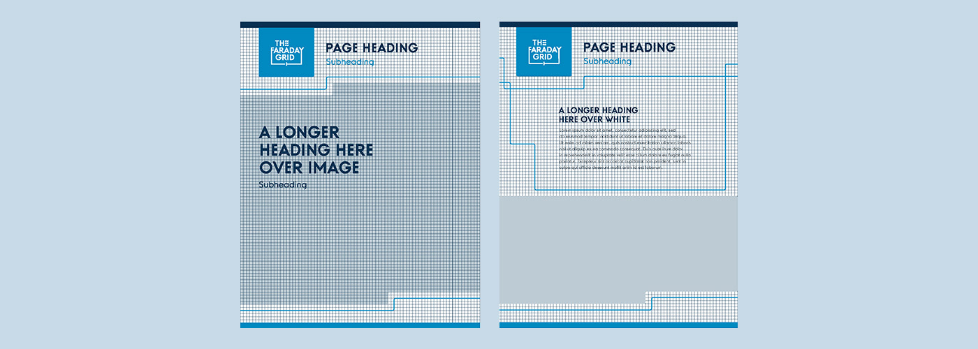 Branded corporate layout templates for Faraday Grid showing modular grid-based systems for stationery and internal communications