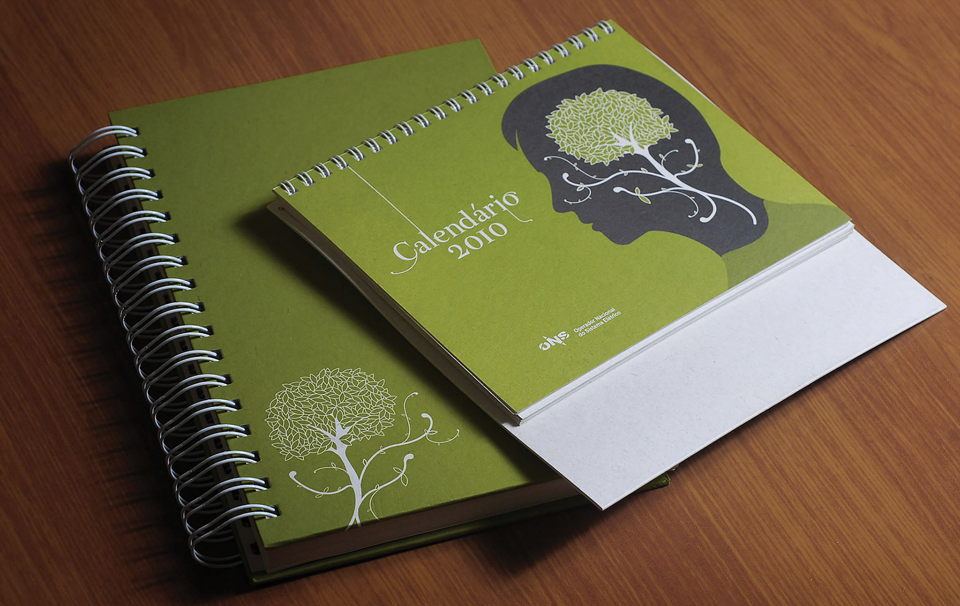Sustainable calendar and notebook designs featuring eco-conscious illustrations for Brazilian Energy Grid Operator ONS.