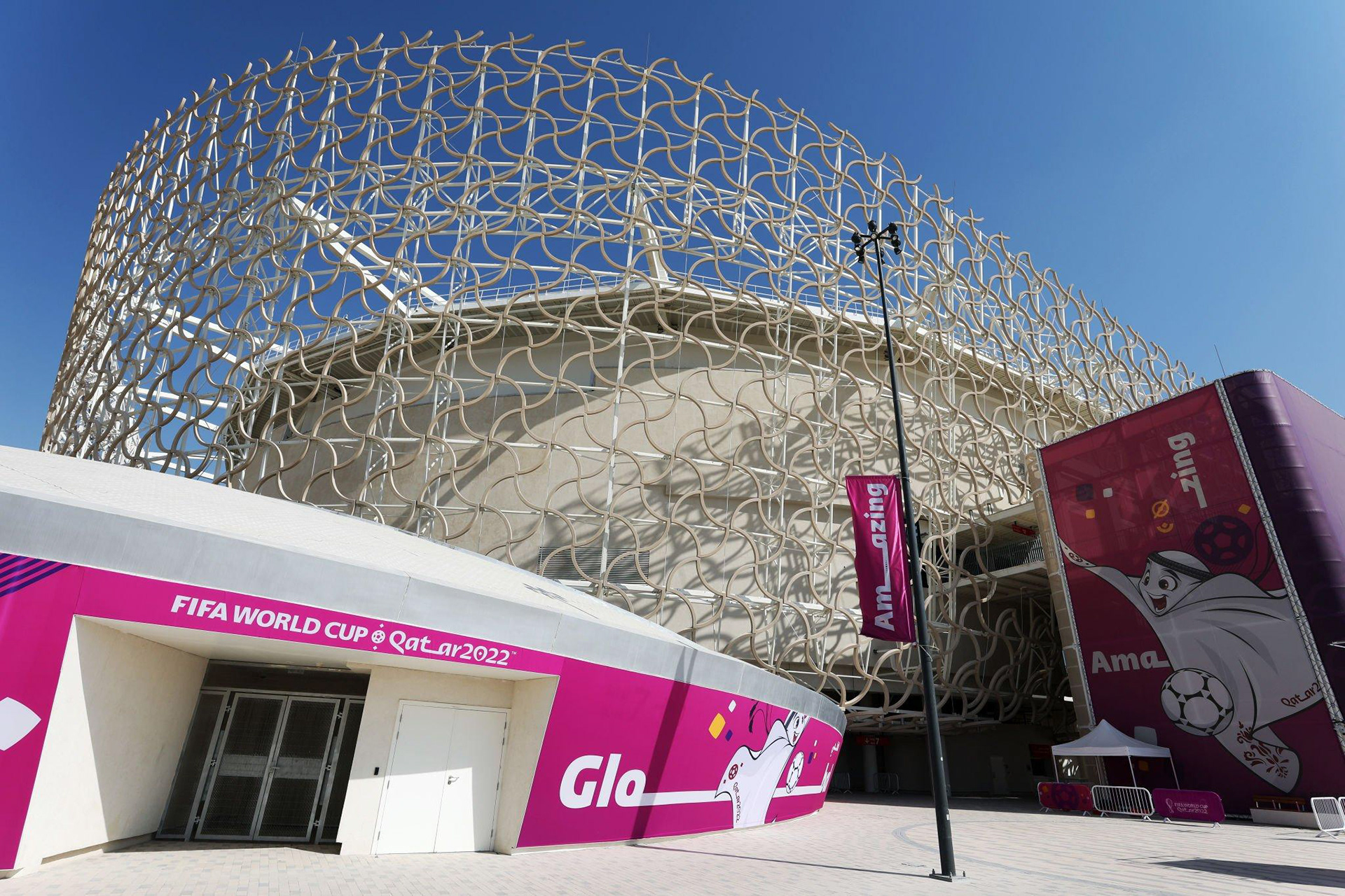 Event dressing at Ahmad Bin Ali Stadium, applying its distinct visual identity and accent colours to enhance the fan experience and stadium presence