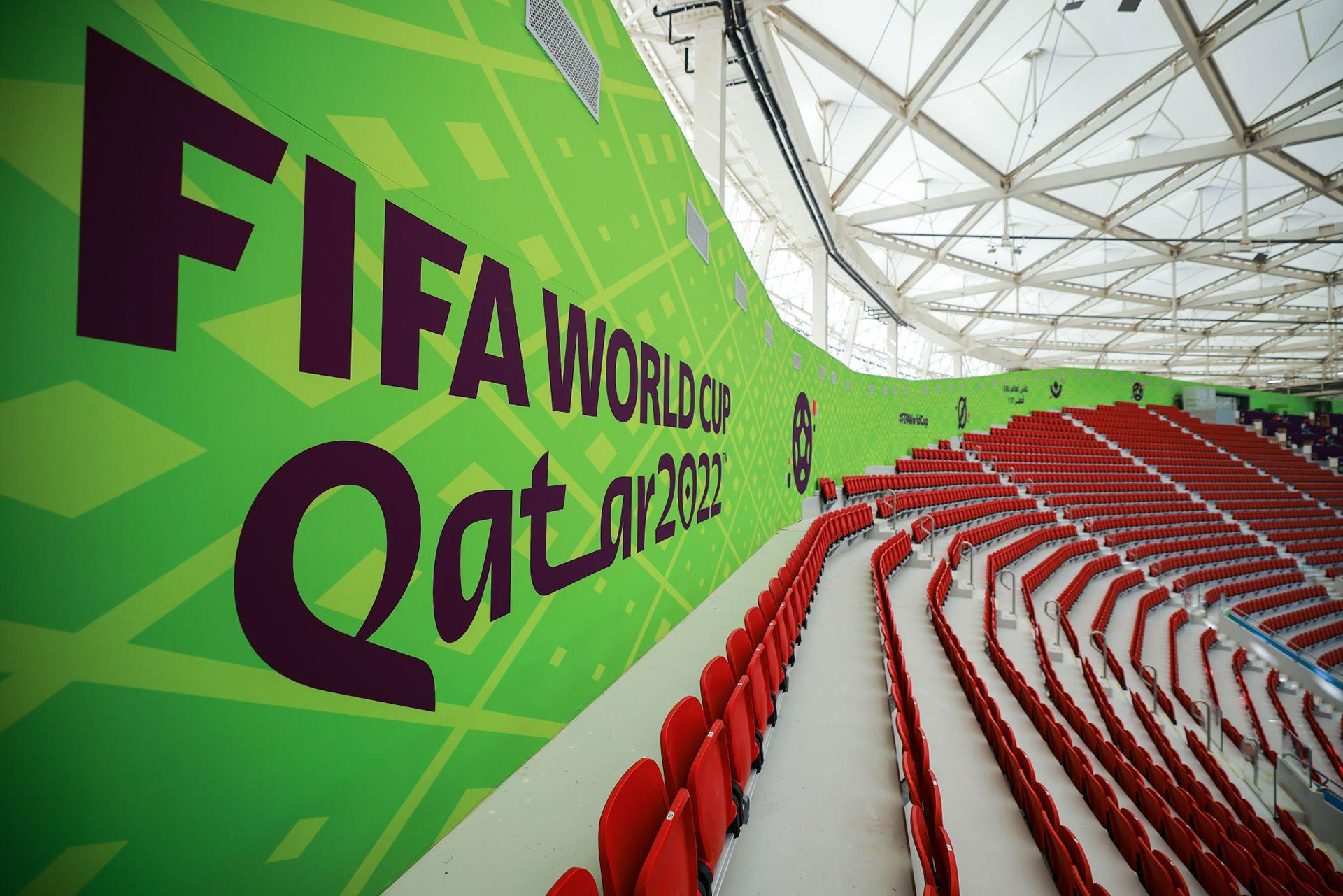 A close up of top tier of the stadium Dressing at AL Thumama Stadium showing FIFA World Cup Qatar 2022 Branding