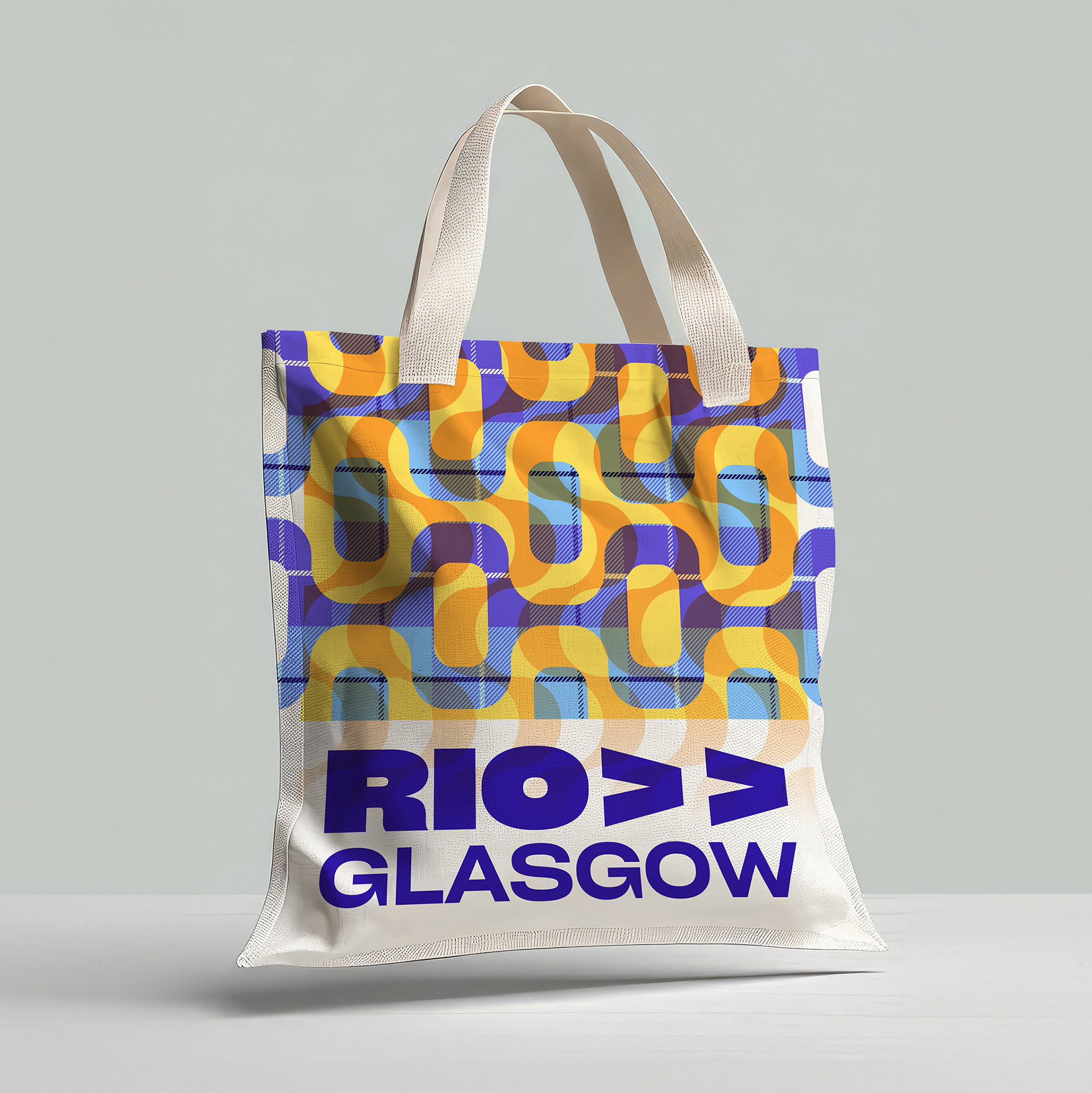 Pattern design mockup on textile/swatch showing Brazil-Scotland fusion style in tote bag and textile products