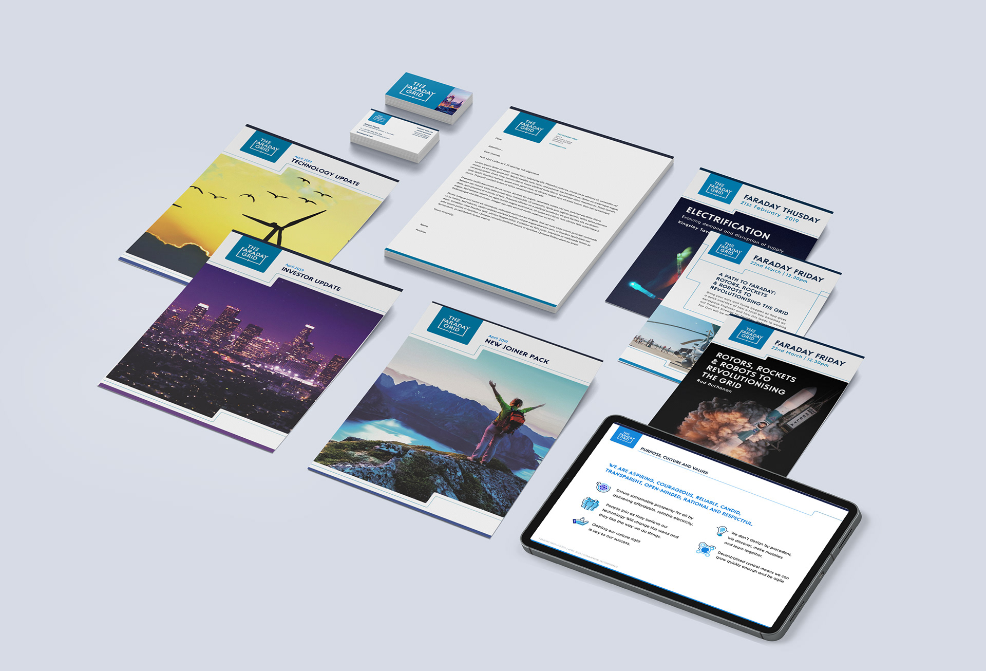 Internal design system for Faraday Grid including communication tools, employee presentations, and templates.