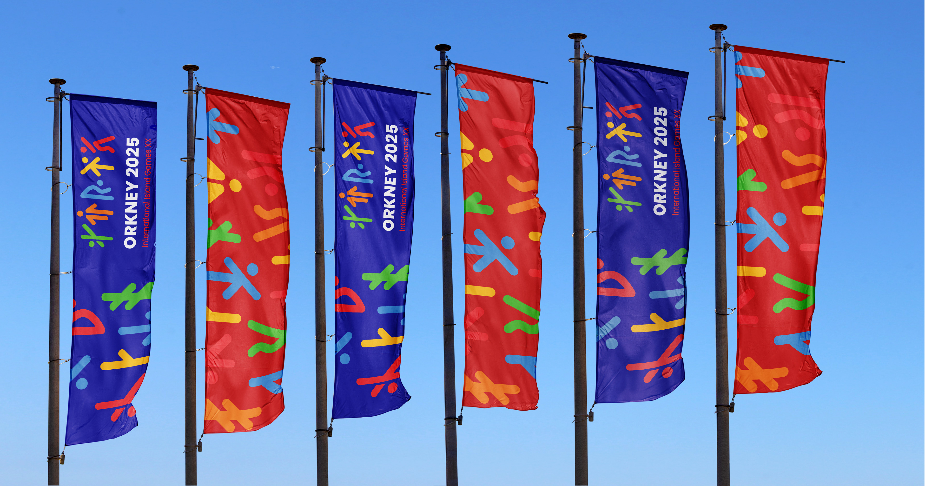 Orkney 2025 modular design system applied across multiple sports visuals, like event flags