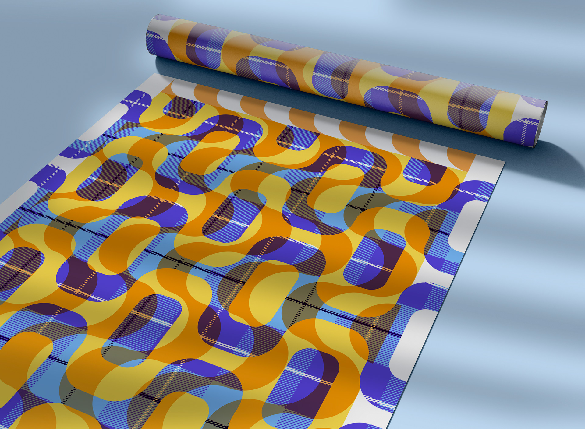 Copacabana style wave geometry pattern with tartan plaid overlay in a poster design mockup