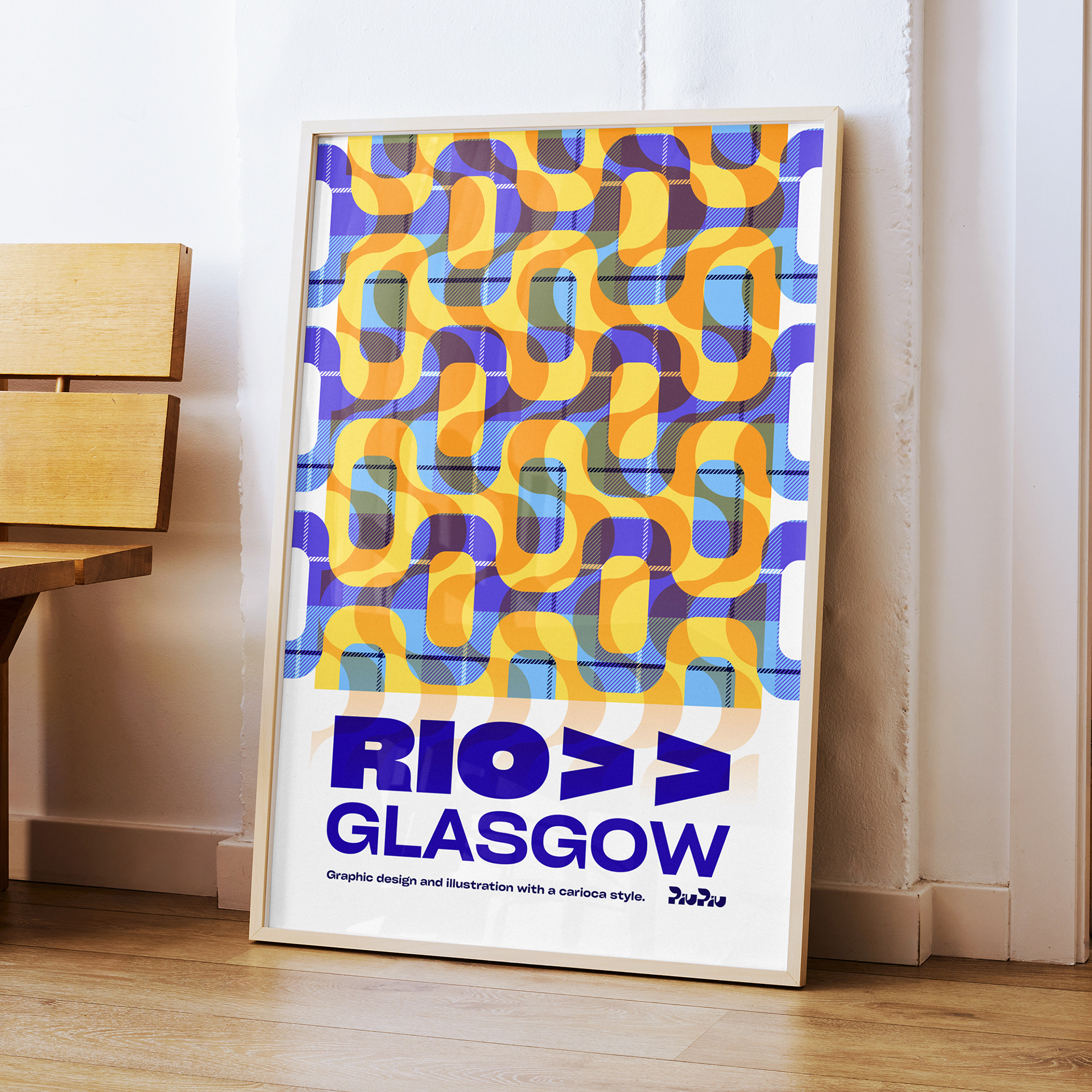 Copacabana style wave geometry pattern with tartan plaid overlay in a poster design mockup