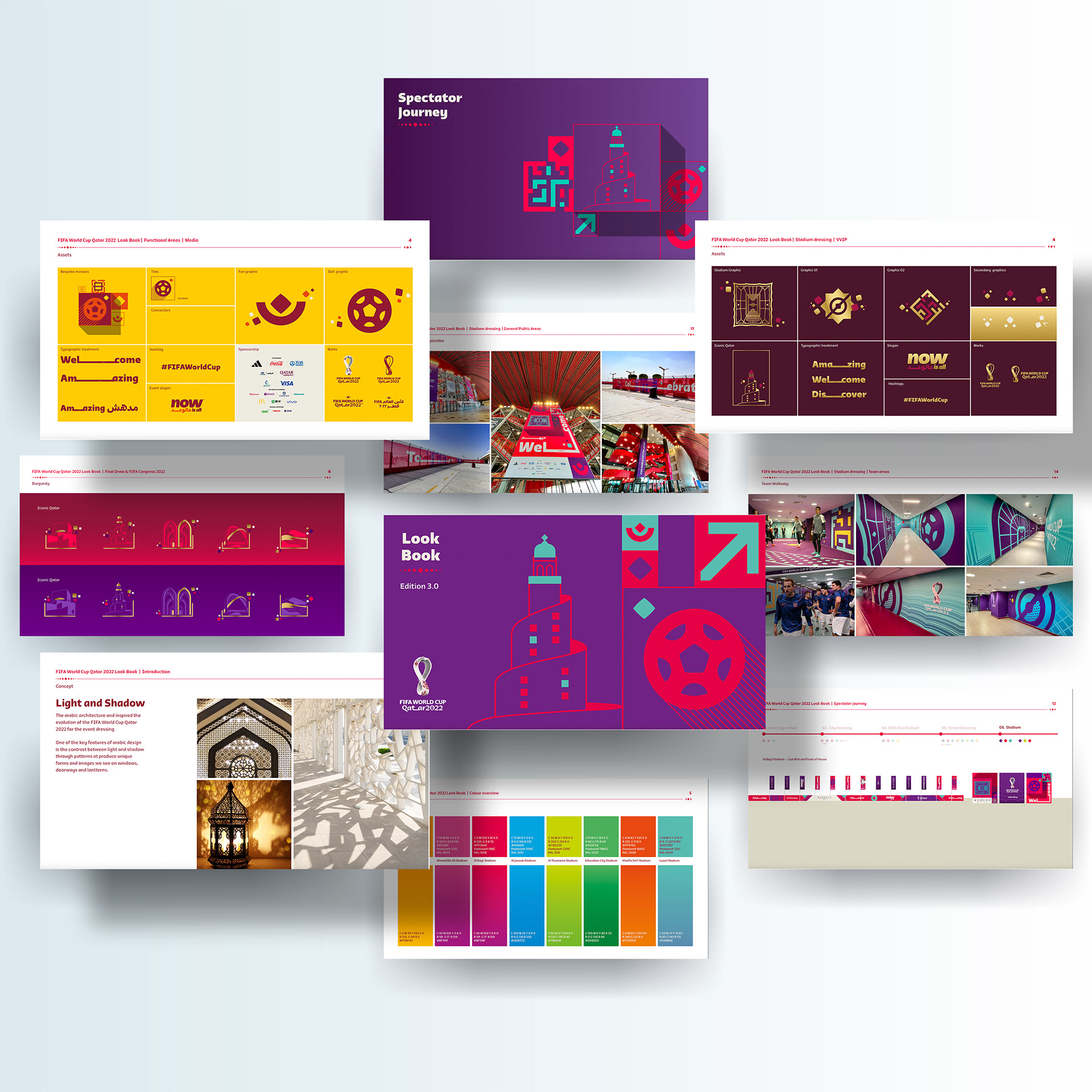 Printed pages of the FIFA World Cup 2022 Look Book, documenting updated brand guidelines for event dressing and functional area branding
