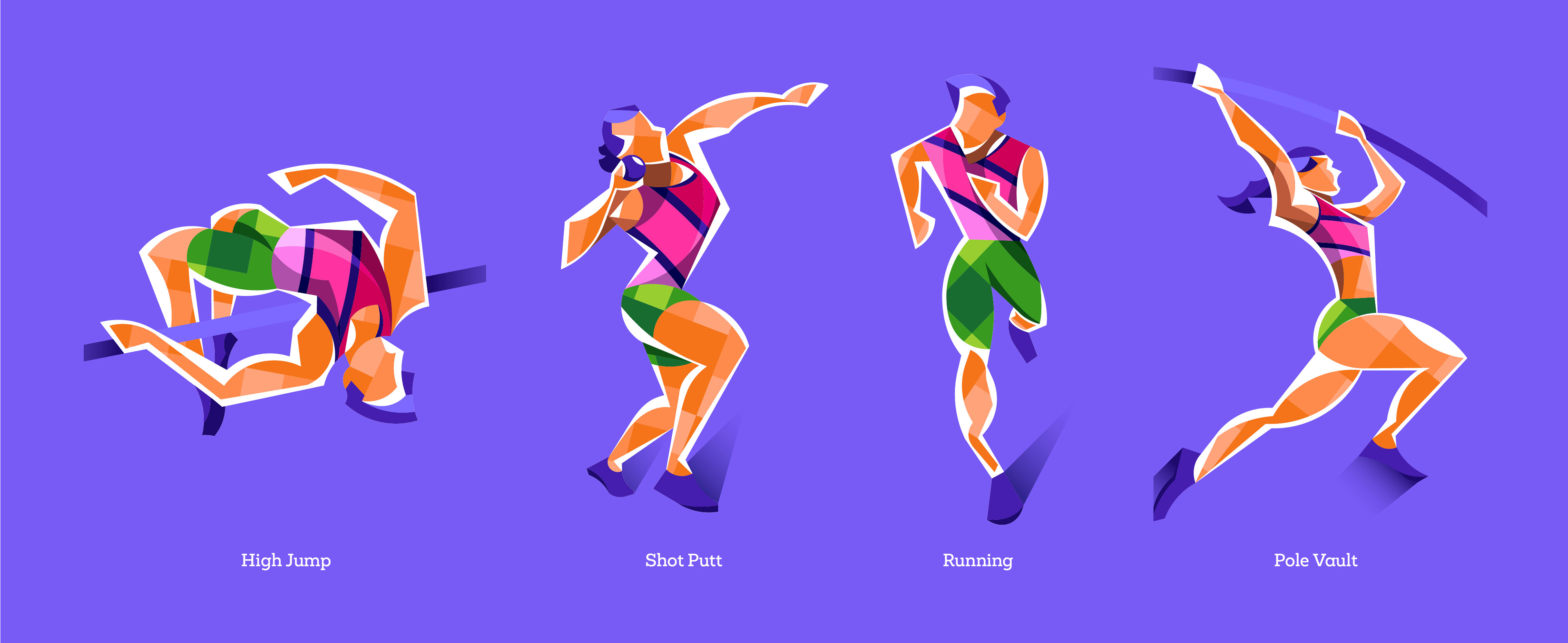 Dynamic sports illustration for World Athletics, featuring fluid shapes, vibrant colours, and athlete silhouettes in motion, blending graphic design and artistic textures to capture the energy of global competition. - 4 Athletic Pictograms developed: shot Putt, Running, High Jump and Pole Vault