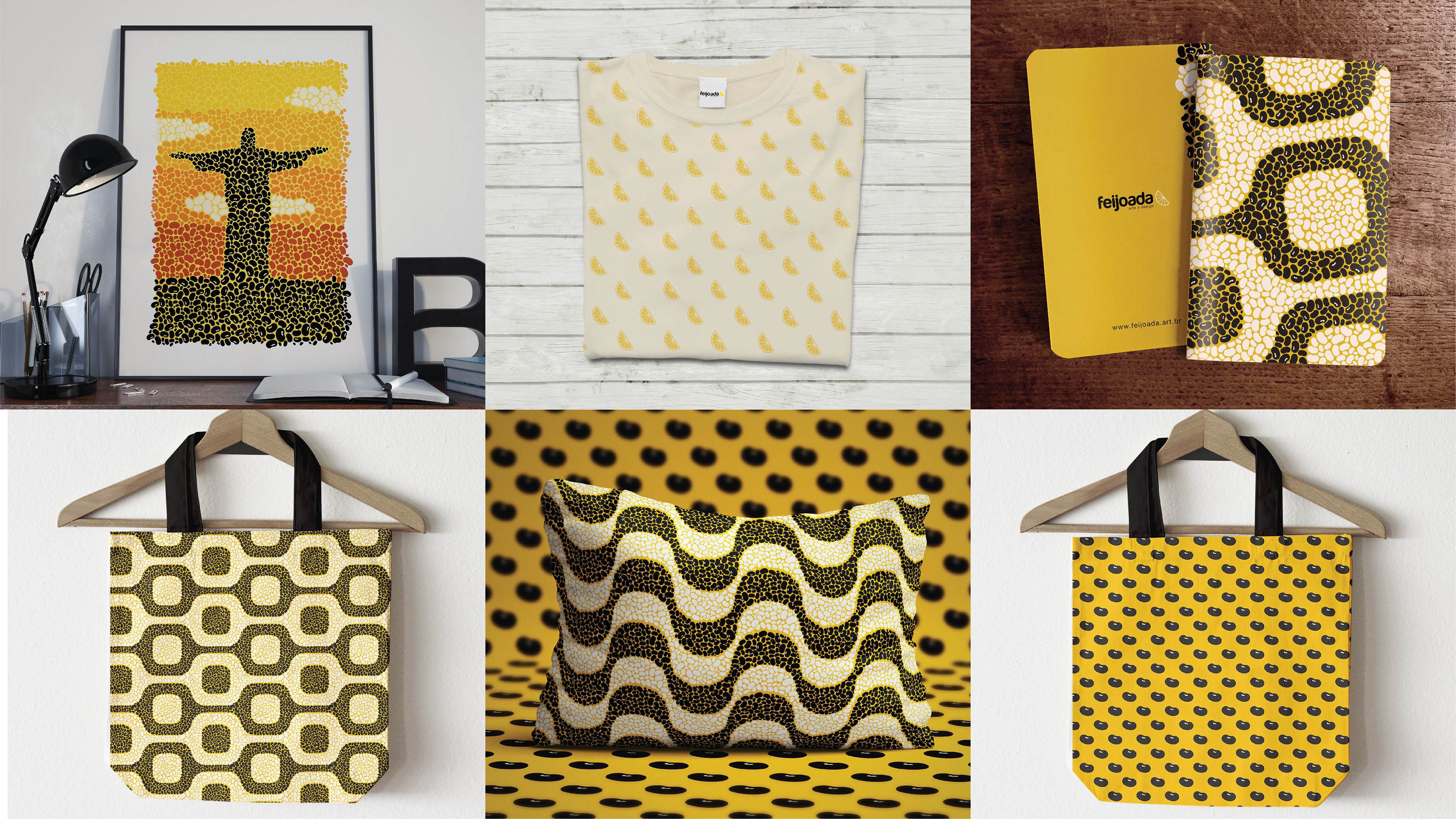 Affordable Feijoada Art & Design merchandise: T-shirt and tote bag screened with bold vector illustrations inspired by Brazilian markets