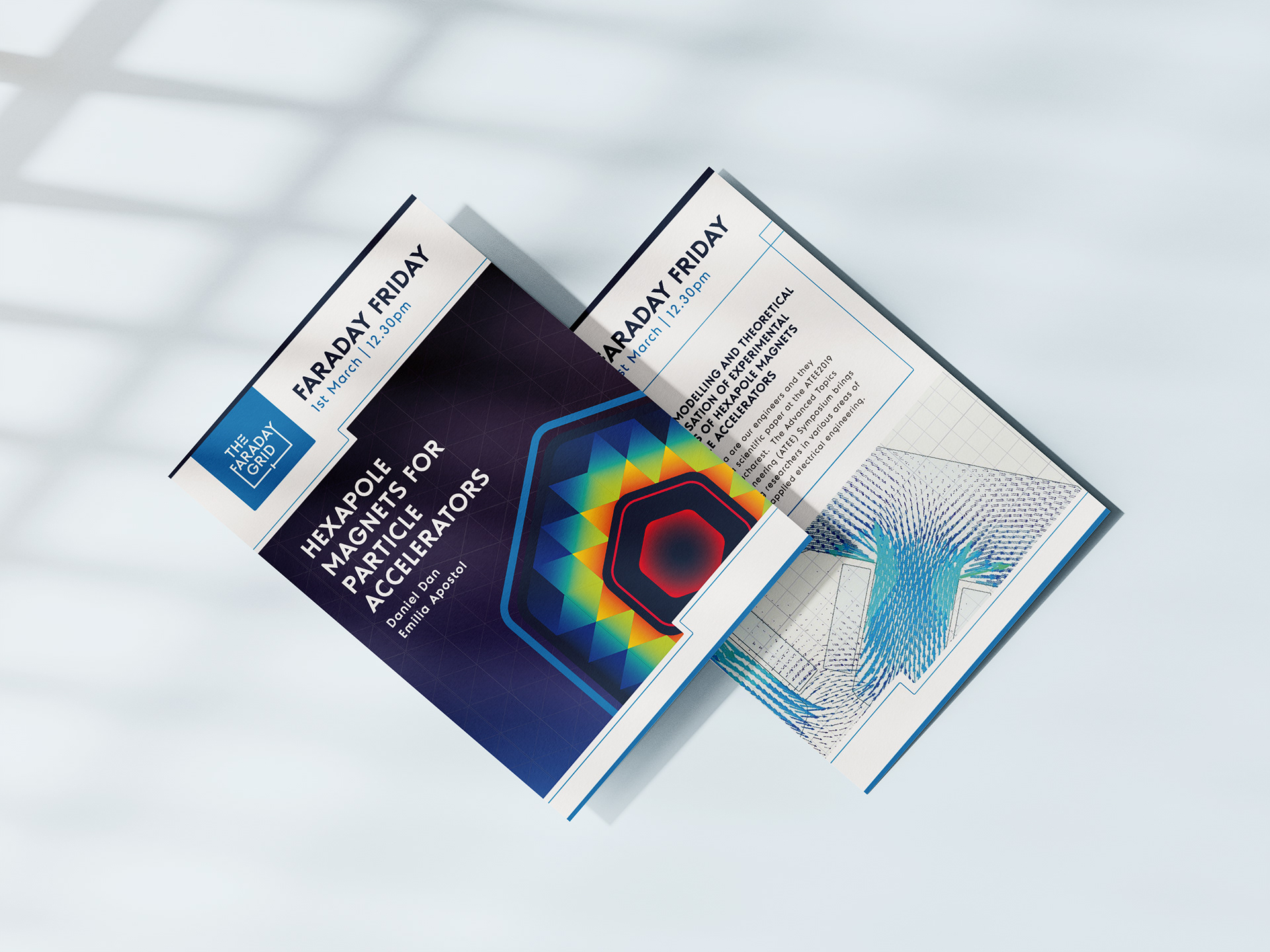 Office engagement collaterals: posters and flyers showing layout grids and brand illustrations.