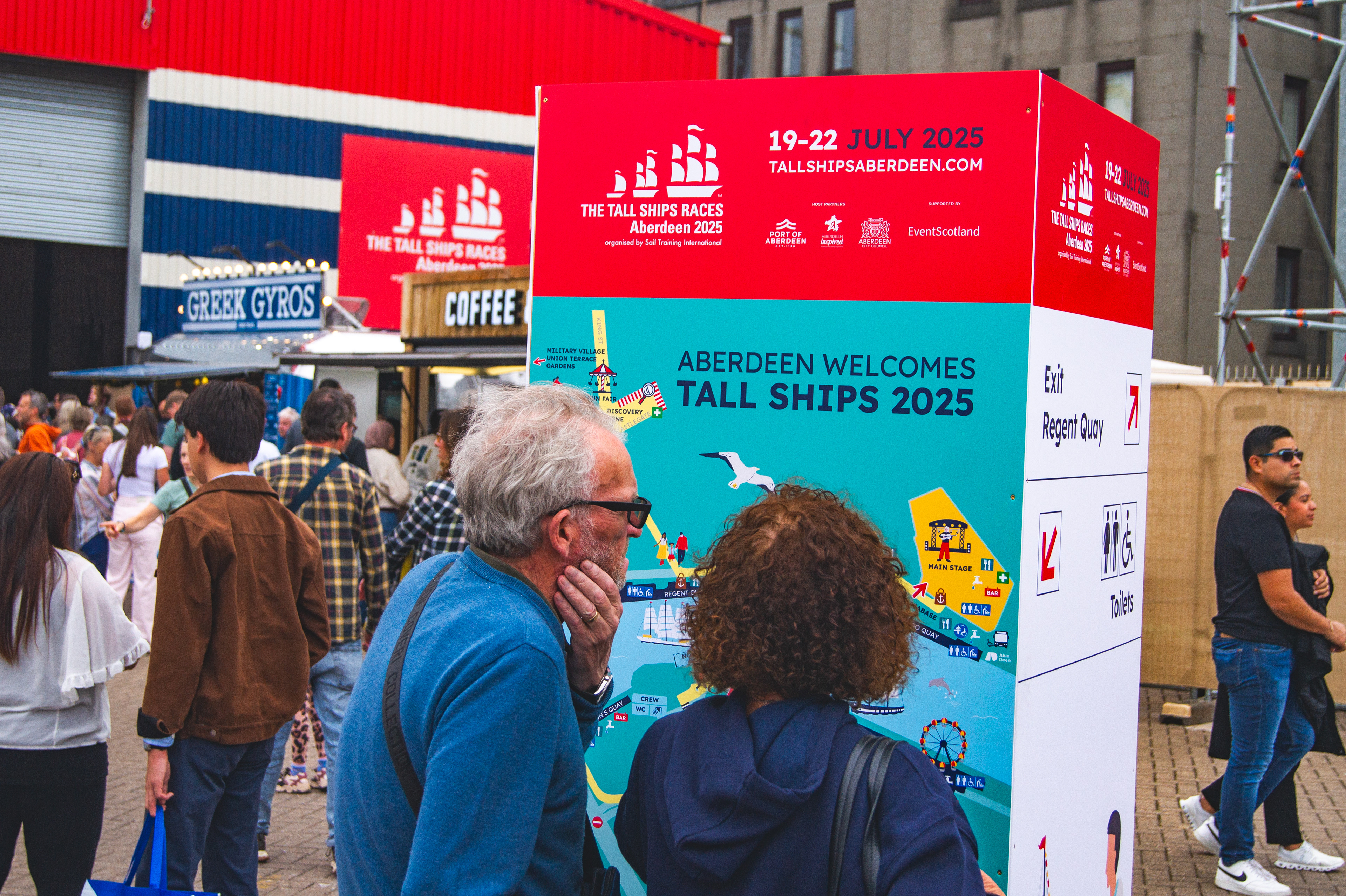 Wayfinding and information signage for Tall Ships Aberdeen 2025, with city maps, venue directions, and public history totems