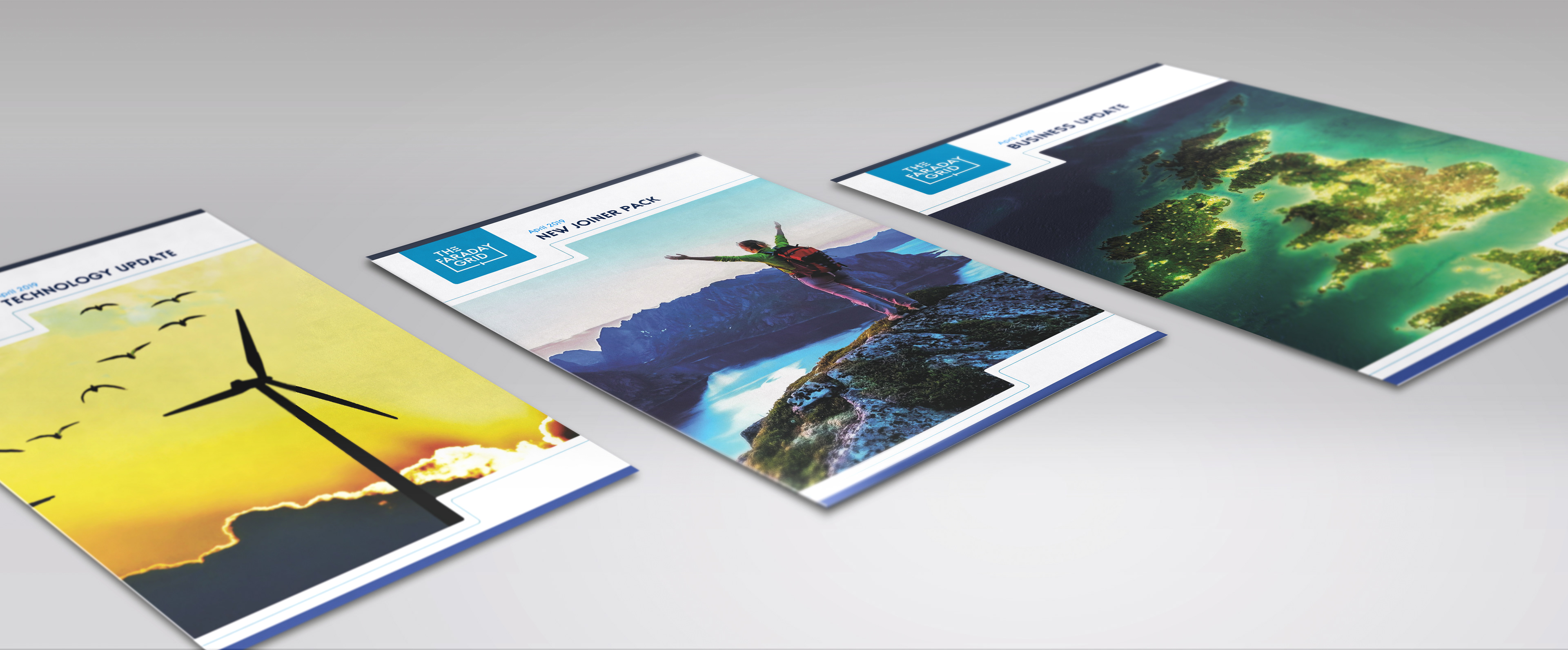 Faraday Grid corporate stationery including business card, letterhead and envelope designs using dynamic line and colour system.