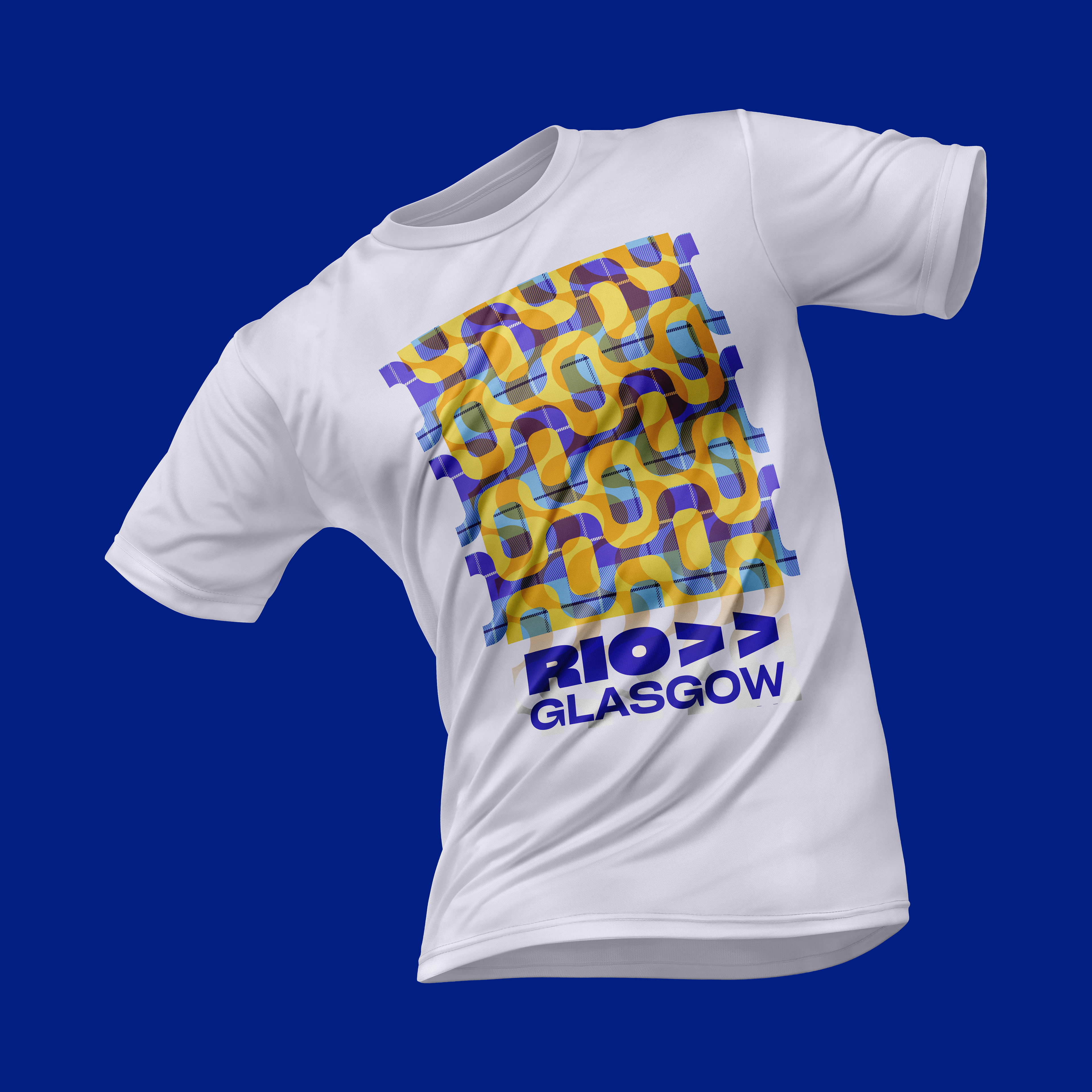 Pattern design mockup on textile/swatch showing Brazil-Scotland fusion style in t-shirt design and textile products