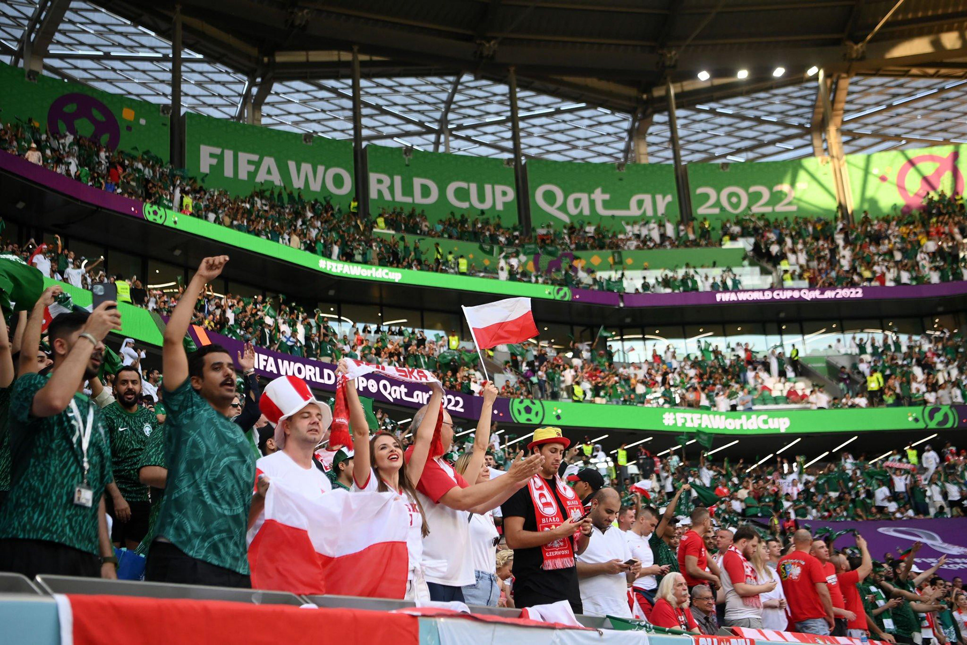 Education City Stadium dressed in its bespoke event graphics and custom colour palette, reinforcing its identity within the World Cup visual system