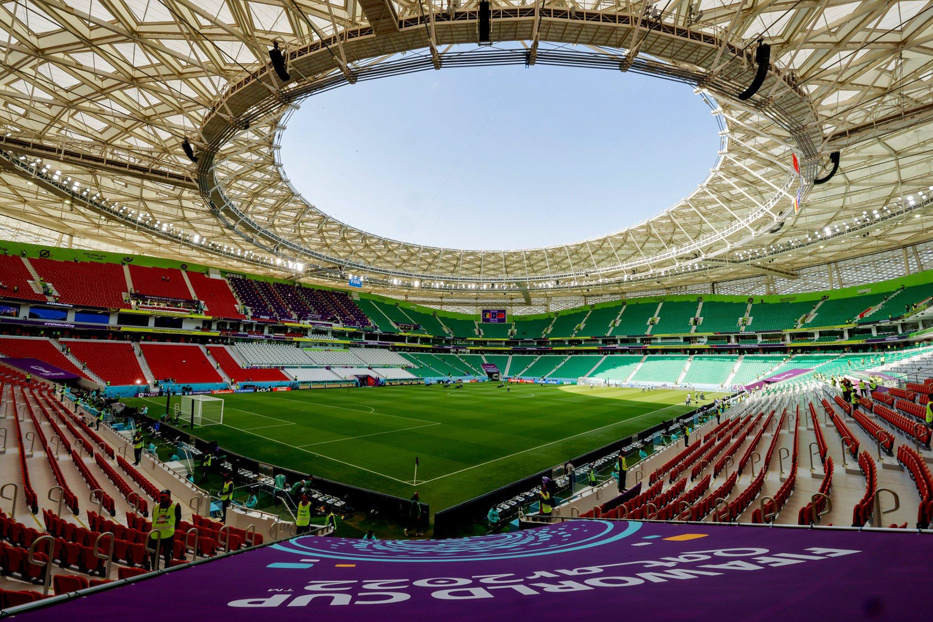 FIFA World Cup Qatar 2022 visuals at Al Thumama Stadium, highlighting its diamond-shaped pattern and vibrant signature colours in the event dressing execution