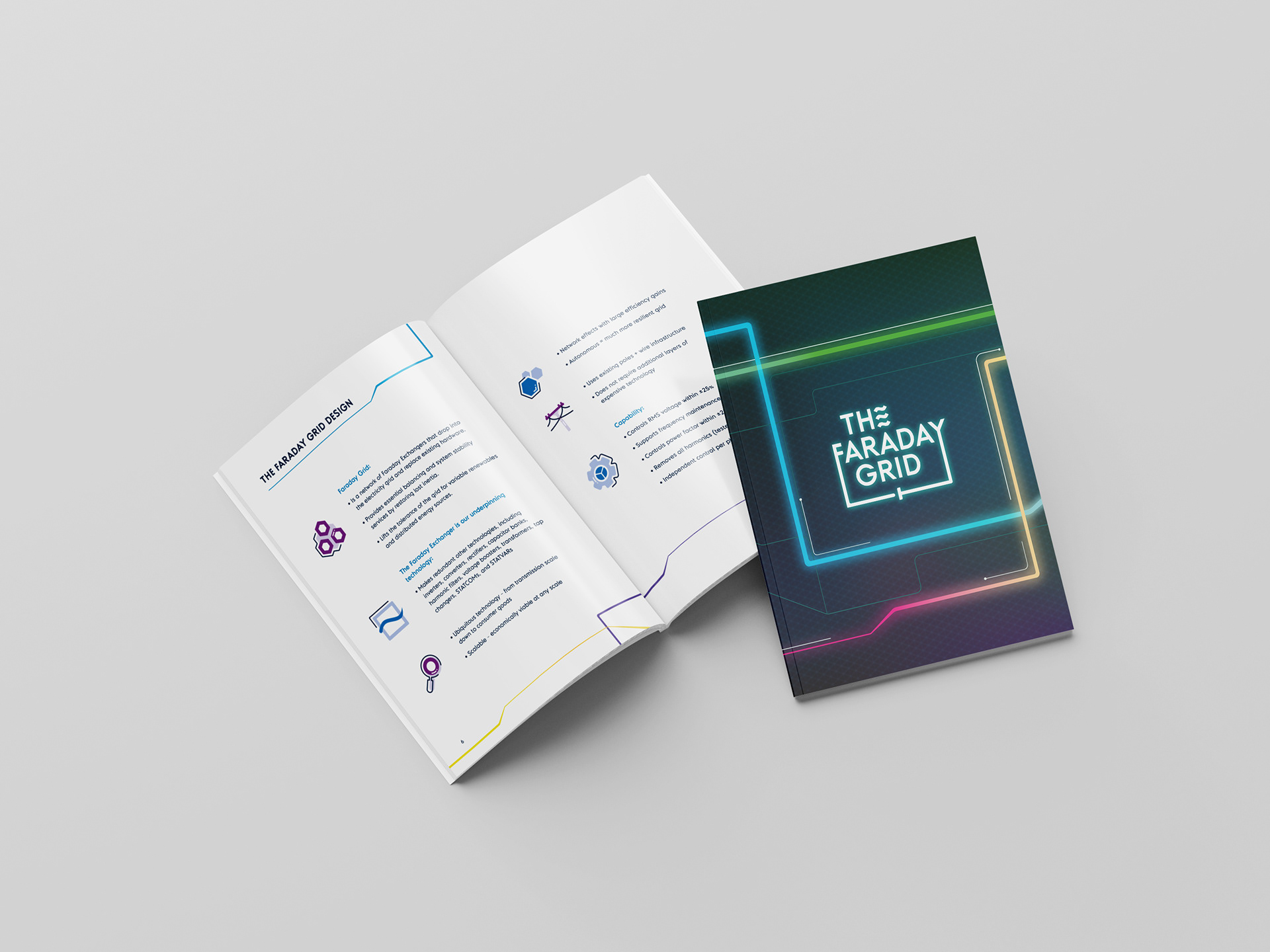 Faraday Grid event and launch materials using the vibrant brand colour strategy and visual storytelling system.