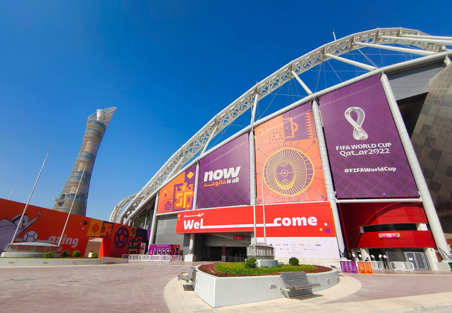 "Branded overlays at Khalifa International Stadium, integrating its dedicated graphic motif and colour strategy into the tournament look and feel.