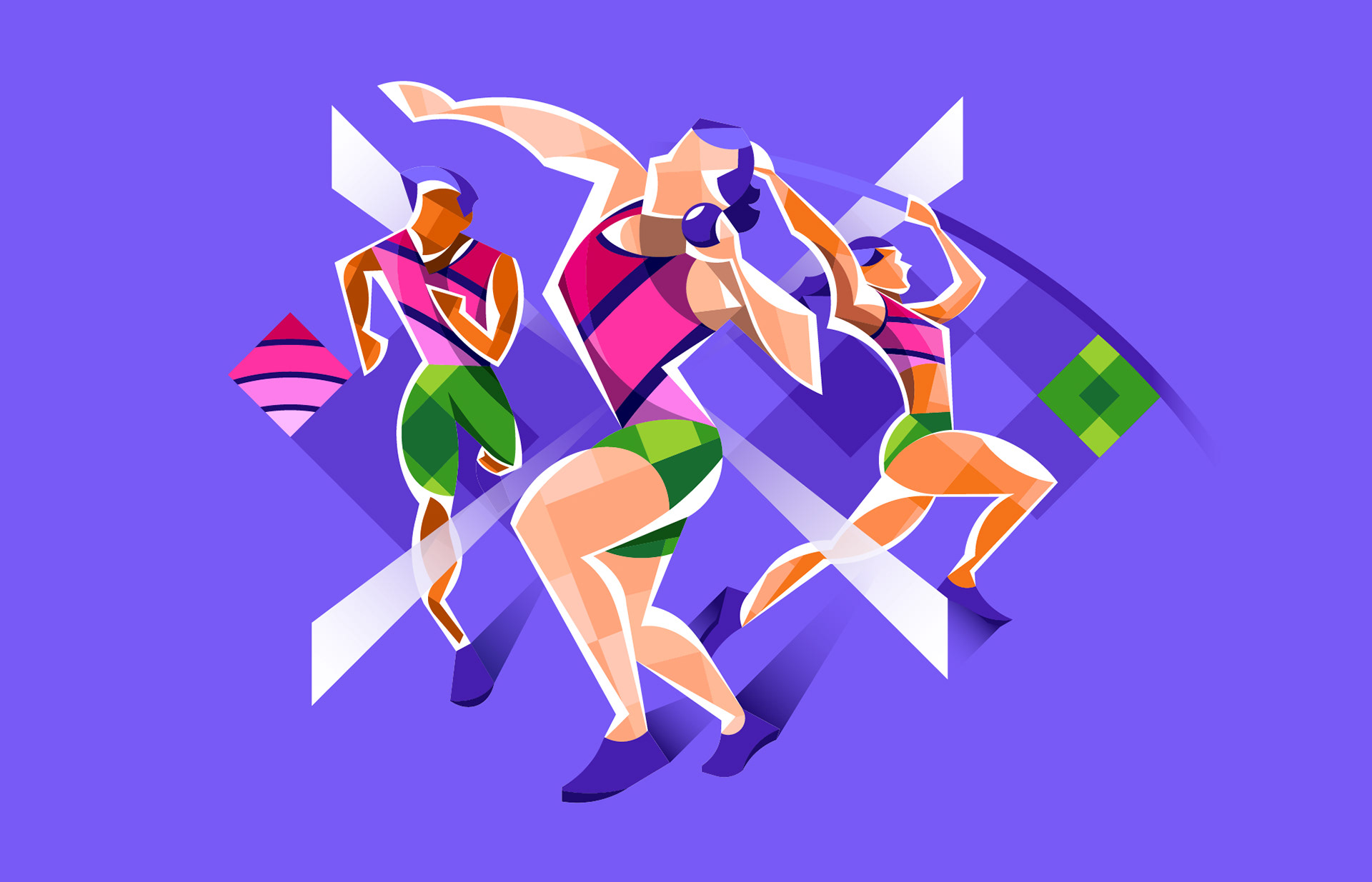 Dynamic sports illustration for World Athletics, featuring fluid shapes, vibrant colours, and athlete silhouettes in motion, blending graphic design and artistic textures to capture the energy of global competition. - Master Composition with Female Prominence