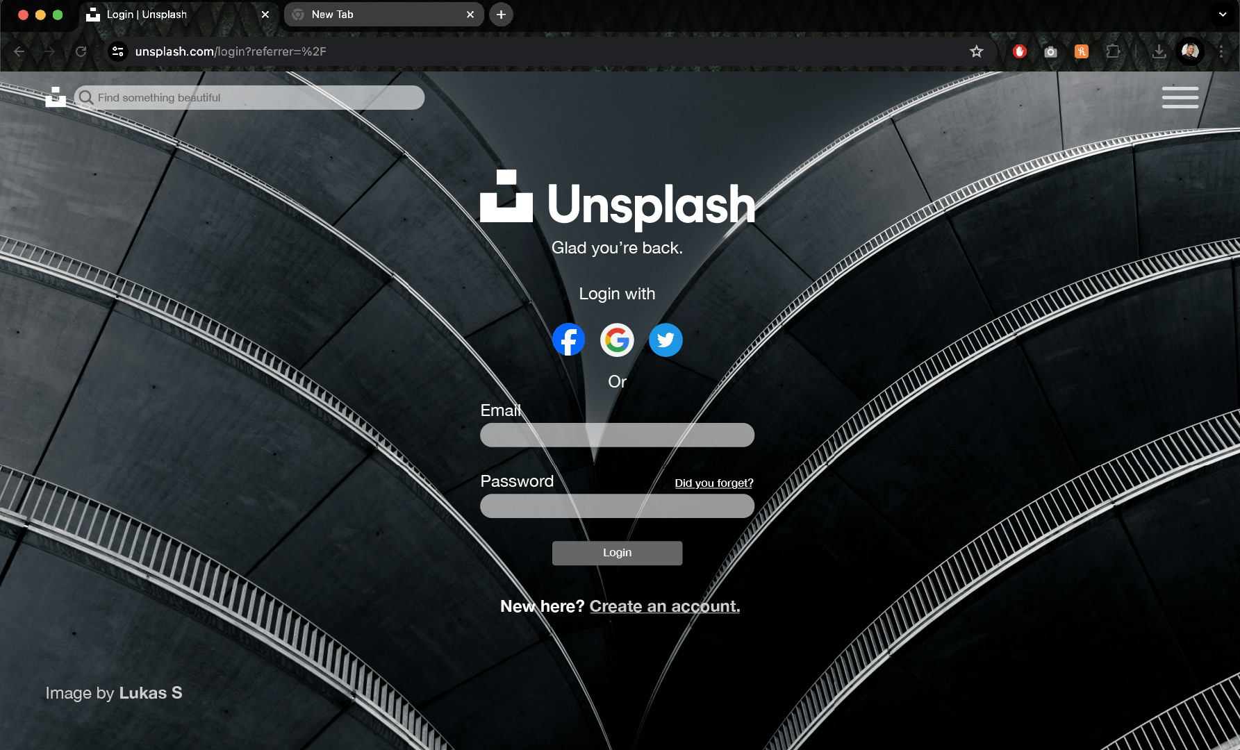 Day 20: a new login screen for Unsplash! My idea was to. bring images from Unsplash's featured images page to their login screen, rotating daily. I simplified the page by hiding extra buttons in the hamburger menu, and giving the on-screen elements a more floaty appearance with lower opacity, in order to be prominent, and still showcase the artwork behind it!