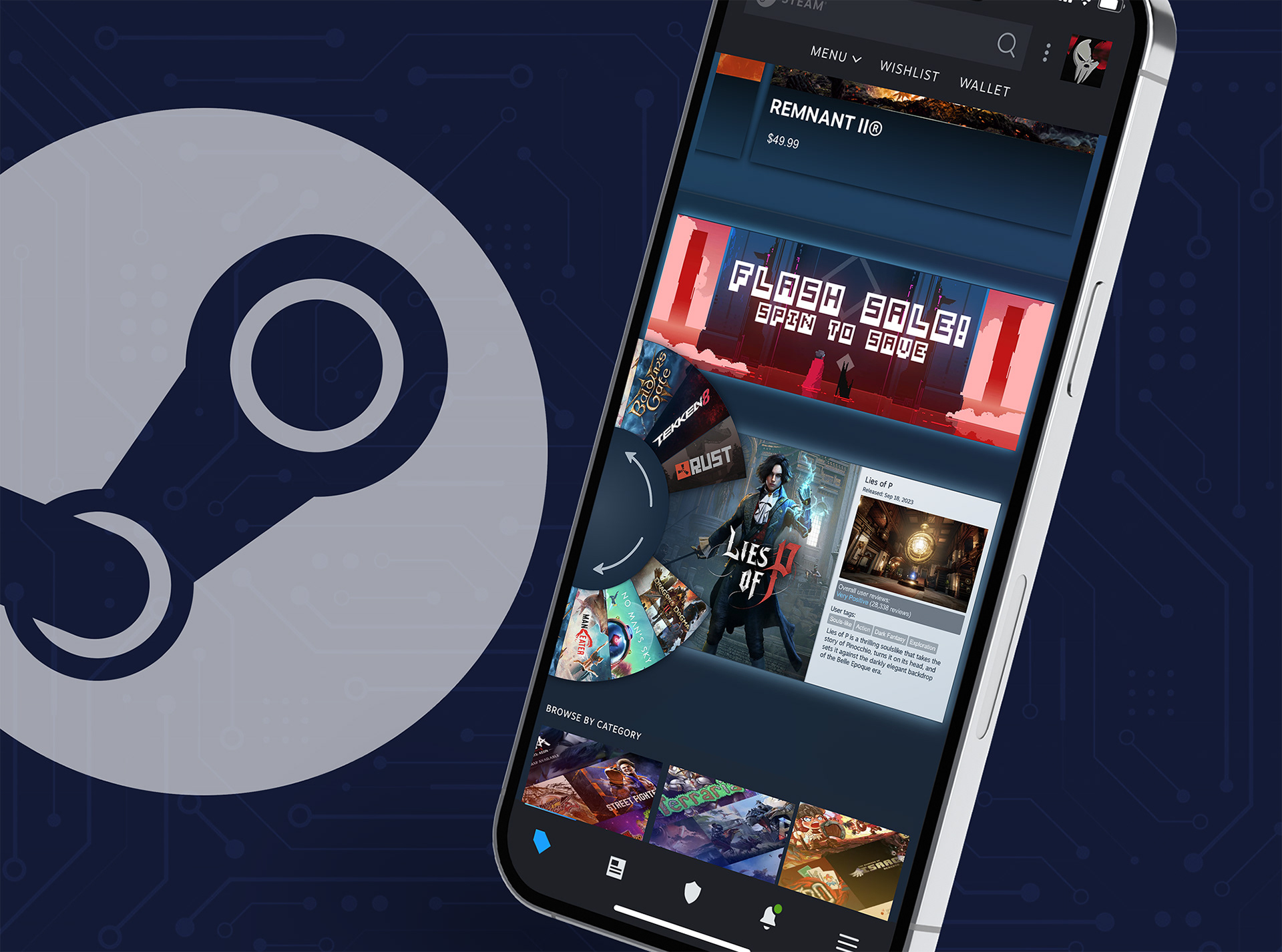 Day 25: UI/UX design with a scrolling gallery wheel for Valve corporation's Steam App. This provides an engaging and eye-catching way to display many titles in a compact segment, with each title card replacing the main section as the user scrolls through them!