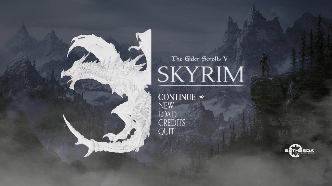 Day 21: new title screen for Skyrim, by Bethesda Game Studios. I kept the scrolling fog that is present not only in menus and loading screens but throughout most of the game. As for what's new, I went on to bring a stylized clipping of the game's main antagonist, Alduin to the front page in the foreground, and add a sprawling landscape containing the player to the background. I feel this design does a good job of immediately immersing the player into the world of Skyrim.