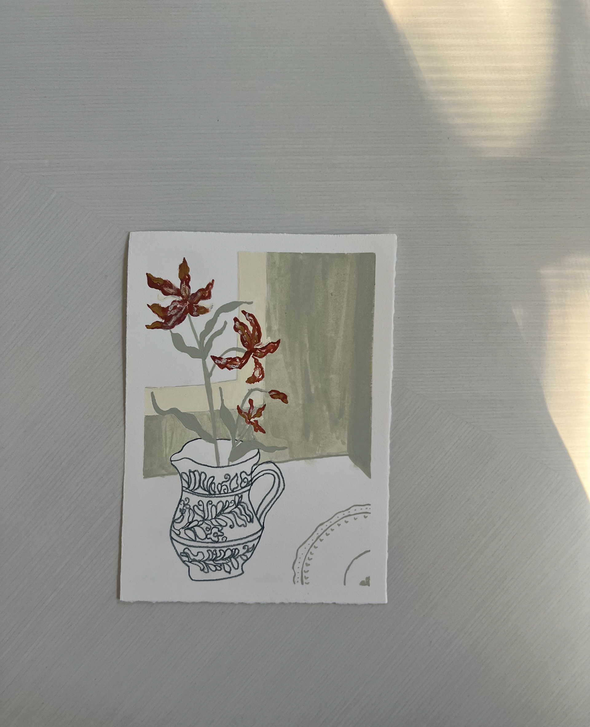 "Vase of Fire Lilies", 5x7, gouache on Reeves