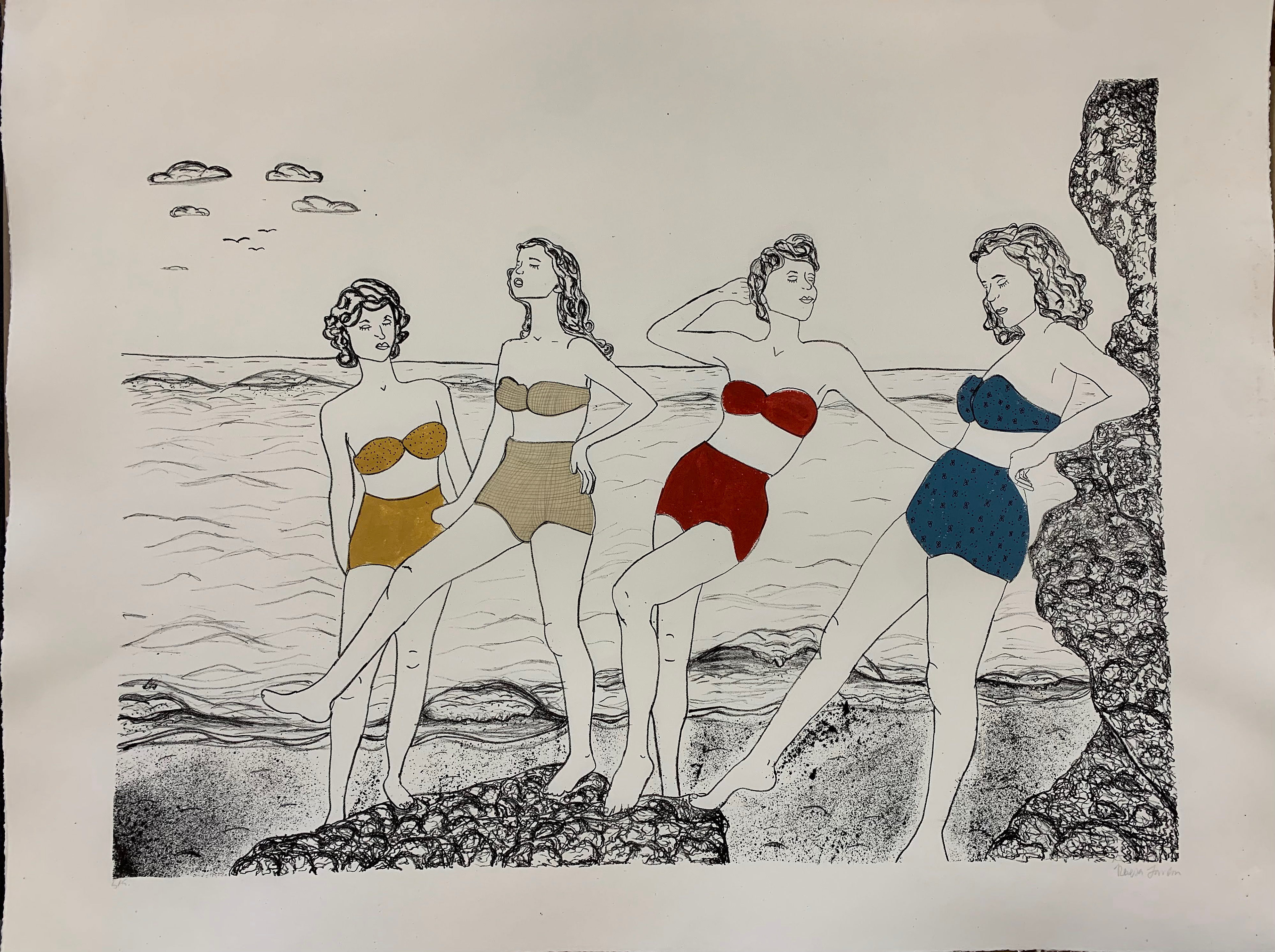"The Sunbathers" 18x24, Lithograph with Chine Colle