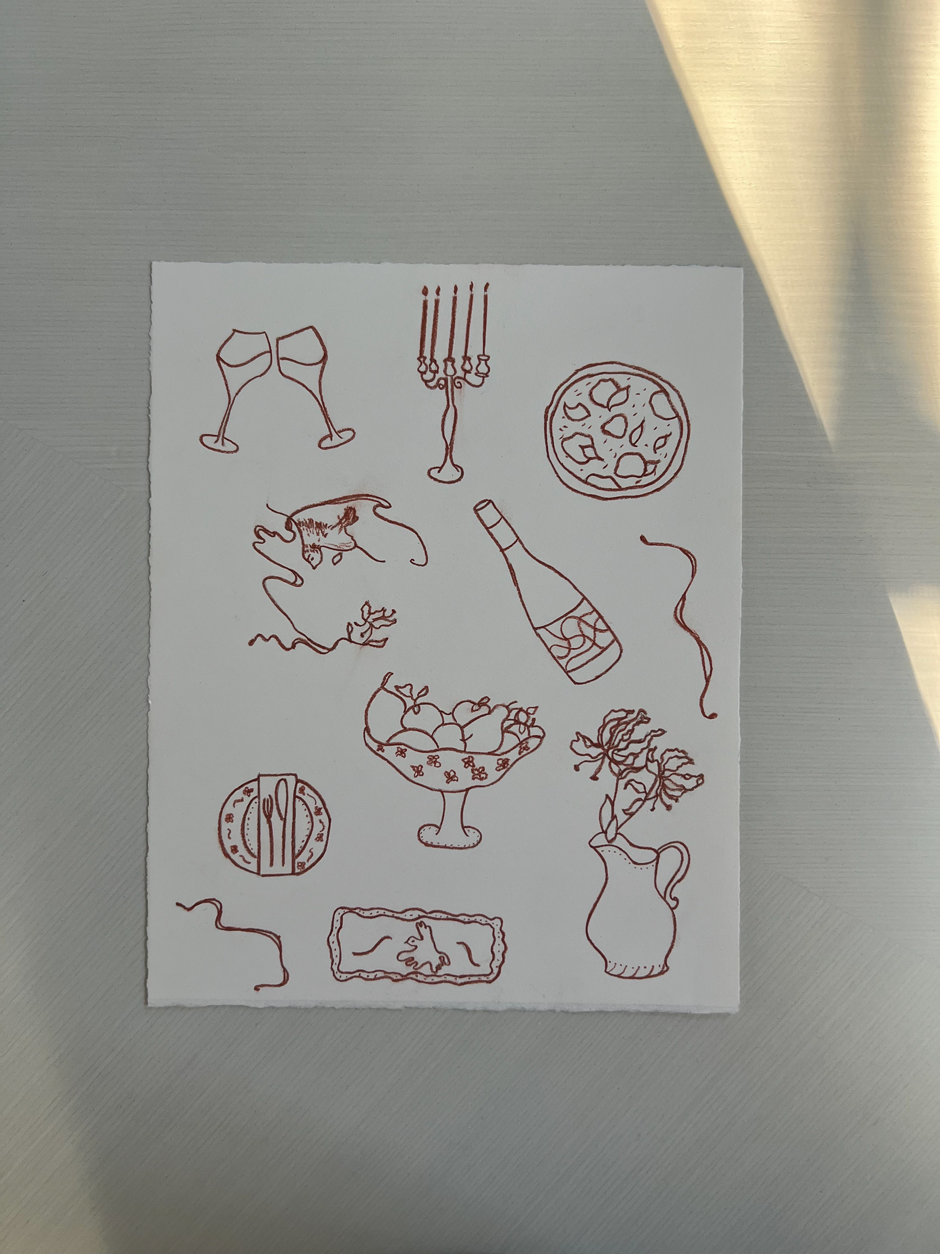 "Elements of a Table Scene" 8x10, chalk on Reeves