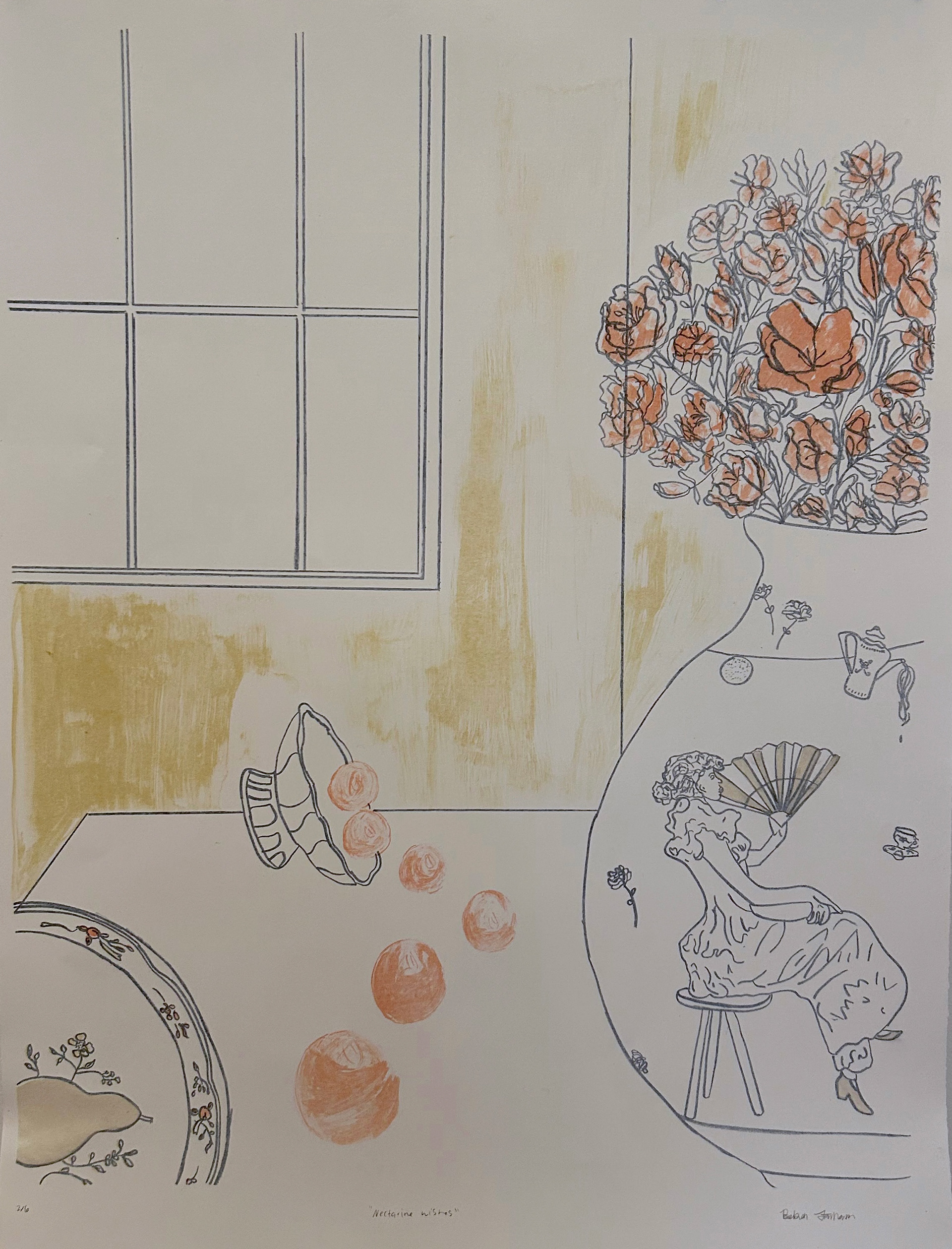 "Nectarine Wishes" 20x26, Lithograph with Chine Colle